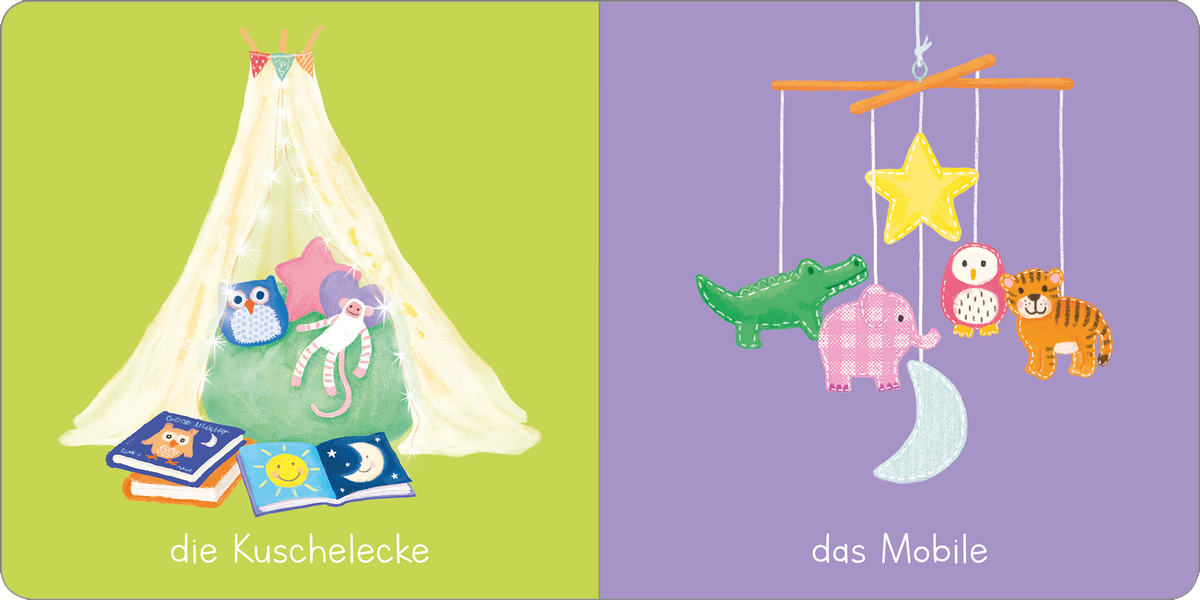Gezeigt wird eine Innen- oder Zusatzansicht von „Gute Nacht“. Auf der linken Seite ist eine bunte Kuschelecke mit einem grünen Polster und einem weißen Spielzelt zu sehen, in dem Plüschtiere und Bücher liegen. Die rechte Seite zeigt ein Mobile mit verschiedenen hängenden Elementen wie einem gelben Stern, einem Krokodil, einem rosa Elefanten, einer Eule und einem Tiger, alles auf lila Hintergrund. Die Schrift ist freundlich und kindgerecht gestaltet.