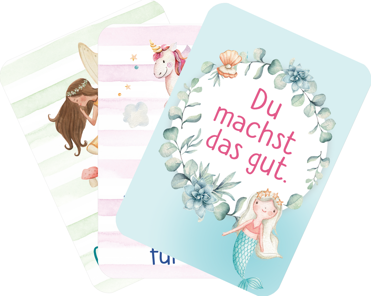 Gezeigt wird eine Innen- oder Zusatzansicht von „Mutmachkarten – Einhorn (Aquarelloptik)“. Die Karten präsentieren eine sanfte Farbpalette mit Pastelltönen, darunter Mintgrün, Rosa und Kadmiumgelb. Auf der Vorderseite ist ein einladender, runder Schriftzug in kräftigem Pink zu lesen: „Du machst das gut.“ Illustrationen zeigen fantasievolle Motive wie Einhörner und Meereswesen, umrahmt von zarten Pflanzen- und Blütendekoren. Die Karten wirken freundlich und motivierend.