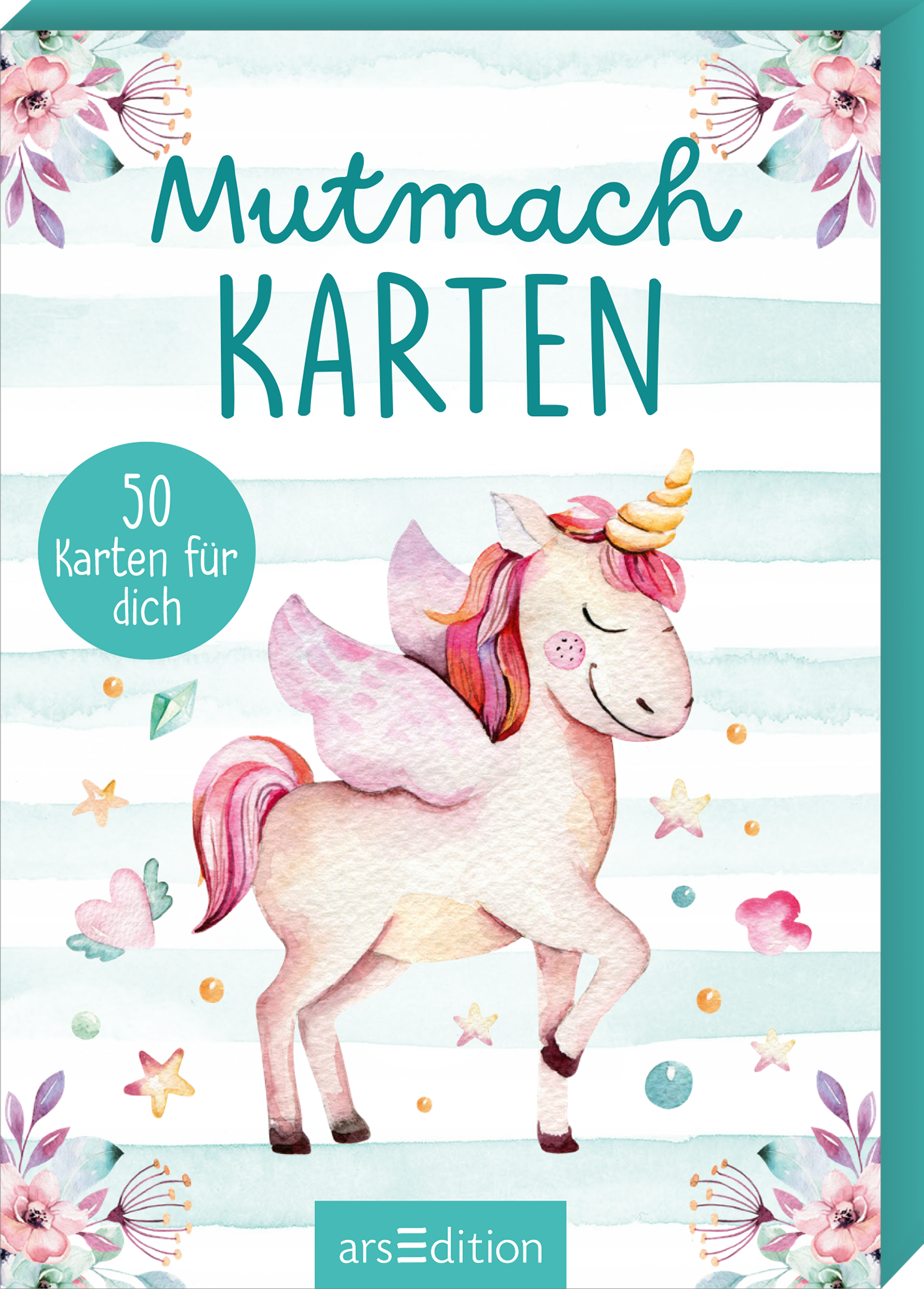 Das Buchcover zeigt ein niedliches Einhorn mit pinker Mähne und einem goldenen Horn, das fröhlich tanzt. Der Hintergrund ist sanft gestreift in hellen Pastelltönen. Oberhalb des Einhorns steht in geschwungener, mintgrüner Schrift „Mutmach KARTEN“. Eine runde, türkisfarbene Ecke trägt den Text „50 Karten für dich“. Die allgemeine Atmosphäre vermittelt Freude und Motivation. Ganz unten mittig steht der Logoschriftzug von arsEdition.