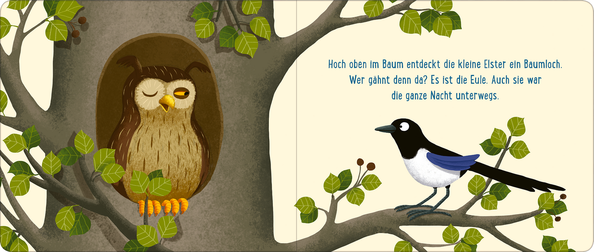 Gezeigt wird eine Innen- oder Zusatzansicht von „Gute Nacht im Wald“. Die Illustration zeigt einen eindrucksvollen Baum mit einem großen, geschlossenen Eulenpaar, das in einer Höhle sitzt. Darunter fliegt eine kleine Elster, die mit einem neugierigen Blick auf die Eule schaut. Die Farbpalette ist sanft und harmonisch, dominiert von Erdtönen und sanften Grüntönen. Die Schrift ist klar und kindgerecht, in einer freundlichen, blauen Typografie.