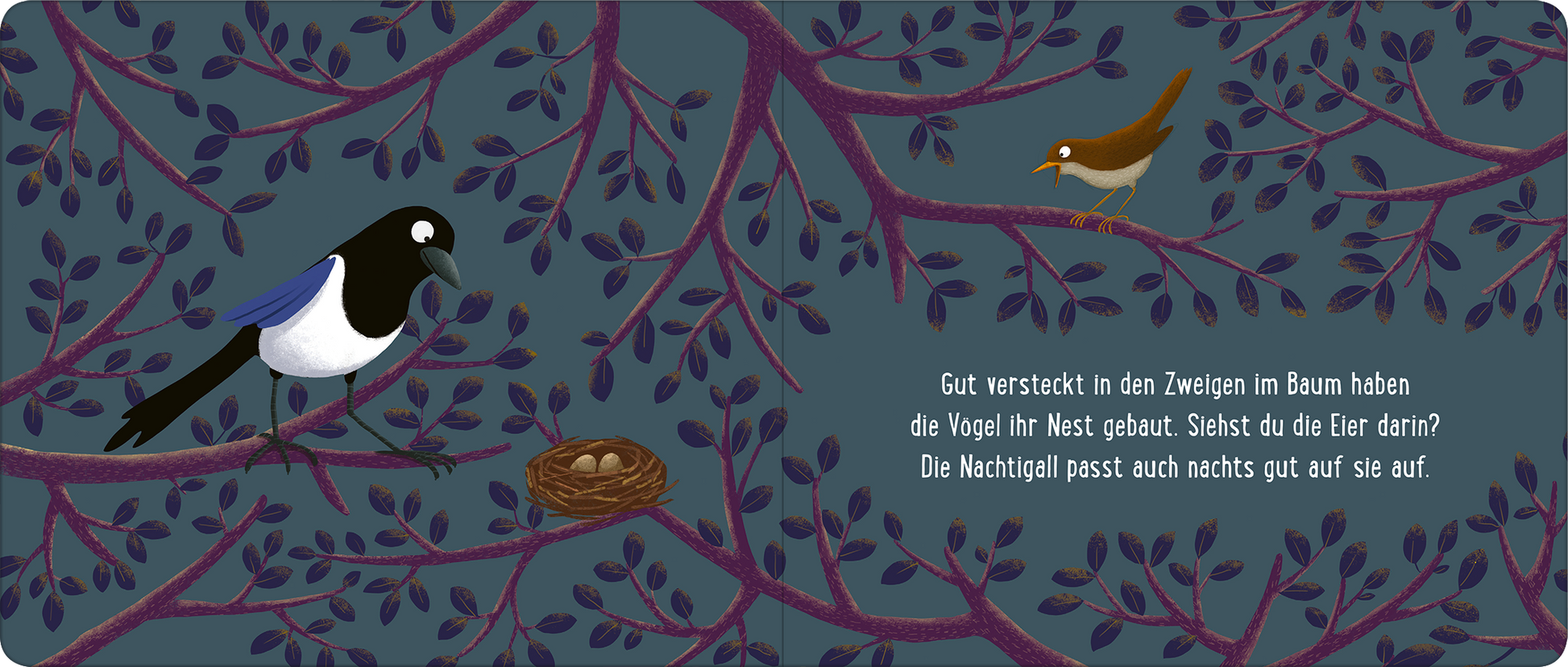 Gezeigt wird eine Innen- oder Zusatzansicht von „Gute Nacht im Wald“. Die Illustration zeigt einen dunklen Hintergrund in Blau mit geschwungenen Ästen in Violett. Links sitzt ein schwarz-weißer Vogel, rechts ein brauner Vogel auf einem Ast. In der Mitte befindet sich ein Nest, umgeben von zarten Blättern. Der Text auf der rechten Seite ist in einer kindgerechten, klaren Schrift gehalten und vermittelt eine einladende Atmosphäre.