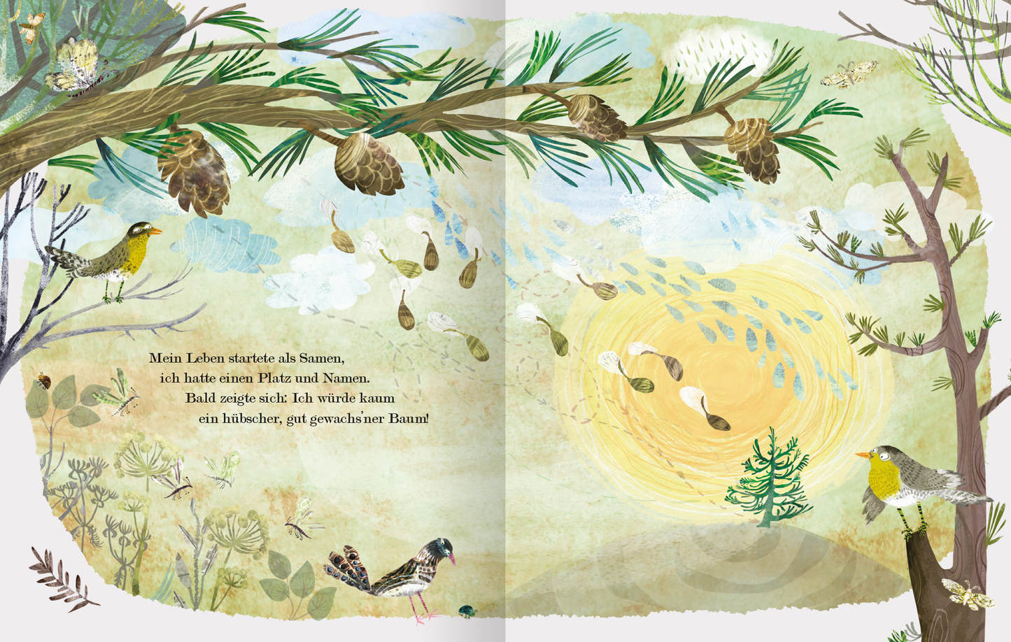 Gezeigt wird eine Innen- oder Zusatzansicht von „Der Weihnachtsbaum, den niemand wollte“. Die Illustration zeigt eine farbenfrohe, naturnahe Szene mit mehreren Vögeln, die in einem Baum sitzen. Sanfte Grüntöne dominieren das Bild, ergänzt durch warme Gelbtöne des Sonnenlichts im Hintergrund. Die Typografie ist verspielt und kindgerecht, während der Text sich harmonisch in die dargestellte Landschaft einfügt. Diverse Pflanzen und Zapfen runden die idyllische Atmosphäre ab.