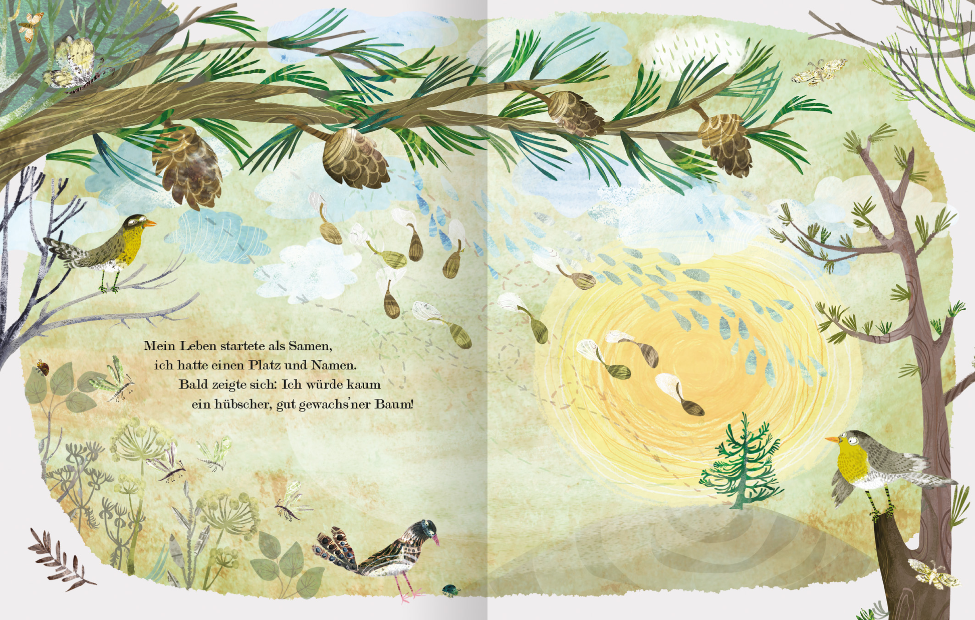 Gezeigt wird eine Innen- oder Zusatzansicht von „Der Weihnachtsbaum, den niemand wollte“. Die Illustration zeigt eine farbenfrohe, naturnahe Szene mit mehreren Vögeln, die in einem Baum sitzen. Sanfte Grüntöne dominieren das Bild, ergänzt durch warme Gelbtöne des Sonnenlichts im Hintergrund. Die Typografie ist verspielt und kindgerecht, während der Text sich harmonisch in die dargestellte Landschaft einfügt. Diverse Pflanzen und Zapfen runden die idyllische Atmosphäre ab.