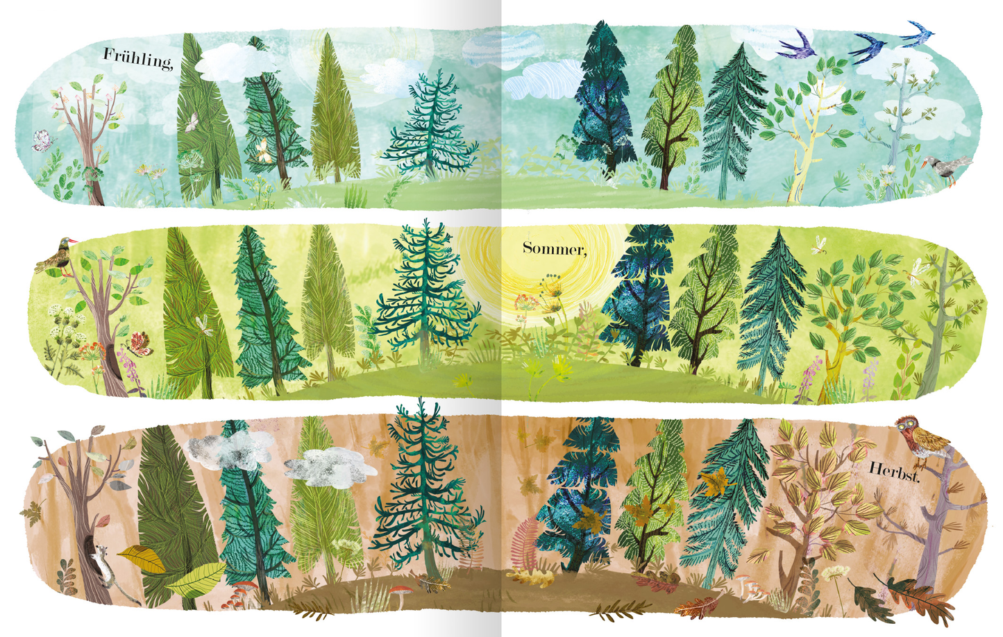 Gezeigt wird eine Innen- oder Zusatzansicht von „Der Weihnachtsbaum, den niemand wollte“. Die Illustration zeigt einen farbenfrohen Jahreszeitenverlauf mit drei horizontalen Abschnitten. Oben sind frische, helle Grüntöne mit frühlingshaften Elementen und dem Schriftzug „Frühling“ zu sehen. In der Mitte dominiert ein sanftes Gelb und Grün mit „Sommer“. Der untere Abschnitt zeigt Herbstfarben in Erdtönen und den Schriftzug „Herbst“, umrahmt von verschiedenen Bäumen und...