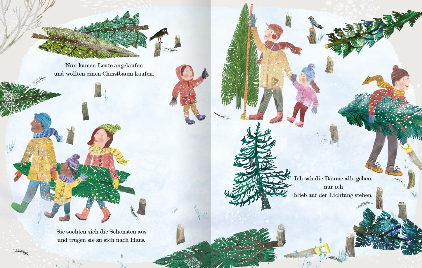 Gezeigt wird eine Innen- oder Zusatzansicht von „Der Weihnachtsbaum, den niemand wollte“. Die Illustration zeigt eine winterliche Szene mit fröhlichen Kindern und Erwachsenen, die einen Weihnachtsbaum auswählen. Bunte Strickjacken und Mützen prägen die Charaktere; die Farben sind leuchtend und einladend. Schneebedeckte Bäume und der weiße Hintergrund schaffen eine festliche Atmosphäre. Die Schrift ist klar und freundlich, mit betonter Typografie, die die Kindlichkeit der Geschichte...