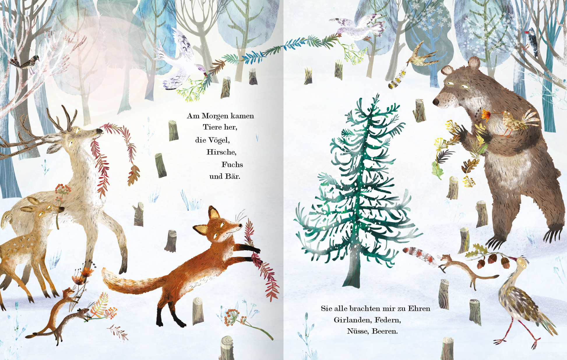 Gezeigt wird eine Innen- oder Zusatzansicht von „Der Weihnachtsbaum, den niemand wollte“. Auf der Doppelseite sind verschiedene Tiere im winterlichen Wald abgebildet, darunter ein Fuchs, ein Reh, ein Bär und Vögel. Sie versammeln sich um einen kleinen, grünen Weihnachtsbaum, der verziert wird. Die Farben sind sanft und pastellig, dominiert von Weiß, Grün und Erdtönen. Die Typografie ist verspielt und kindgerecht, ergänzt durch ein Bild mit einer festlichen, einladenden Atmosphäre.