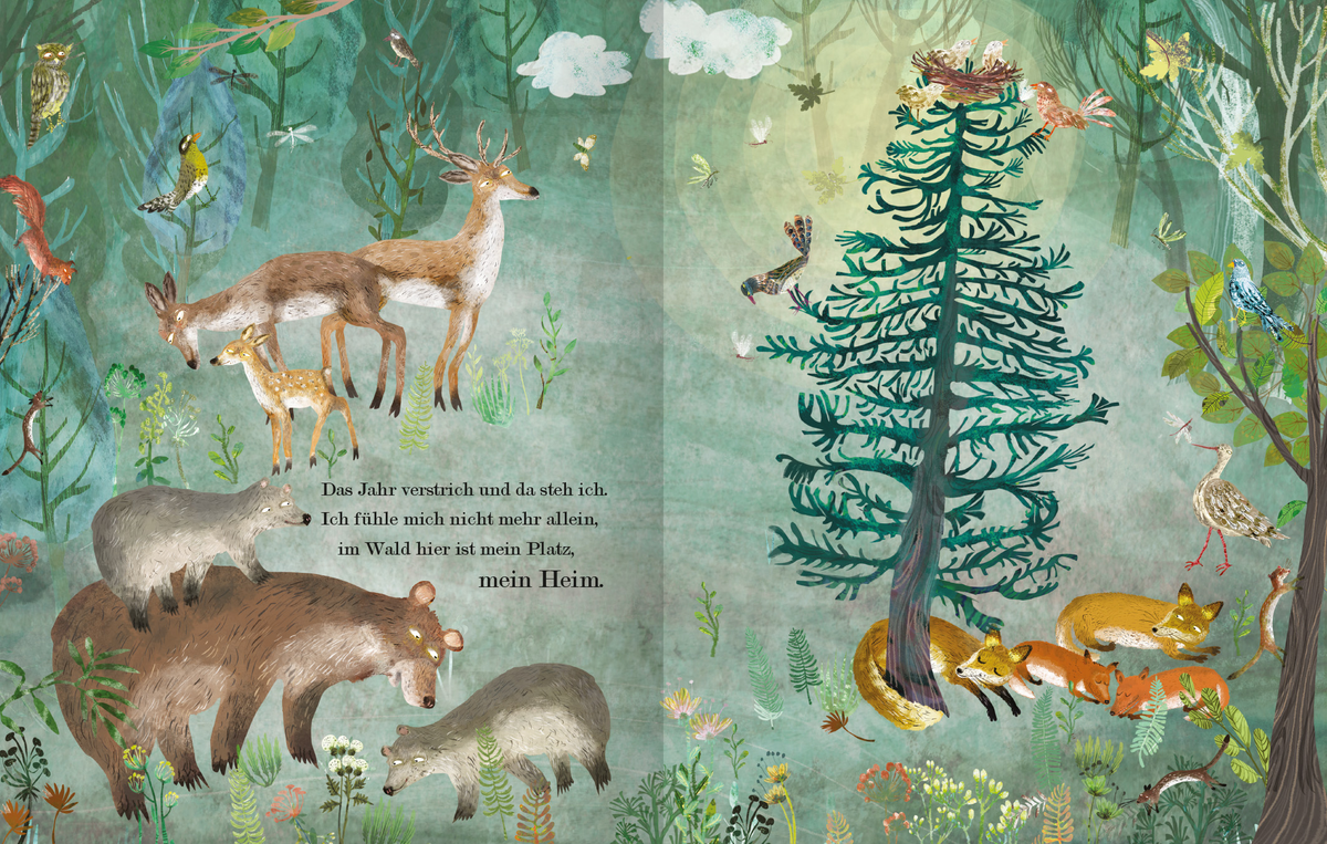 Gezeigt wird eine Innen- oder Zusatzansicht von „Der Weihnachtsbaum, den niemand wollte“. Die Illustration zeigt einen märchenhaften Wald mit üppigem Grün und bunten Tieren. Im Mittelpunkt steht ein stilisierter, grüner Weihnachtsbaum. Um ihn herum tummeln sich verschiedene Tiere wie Rehe, Bären und Füchse. Der Hintergrund ist in sanften Blau- und Grüntönen gehalten, während der Text in einer klaren, handschriftähnlichen Typografie dargestellt ist.