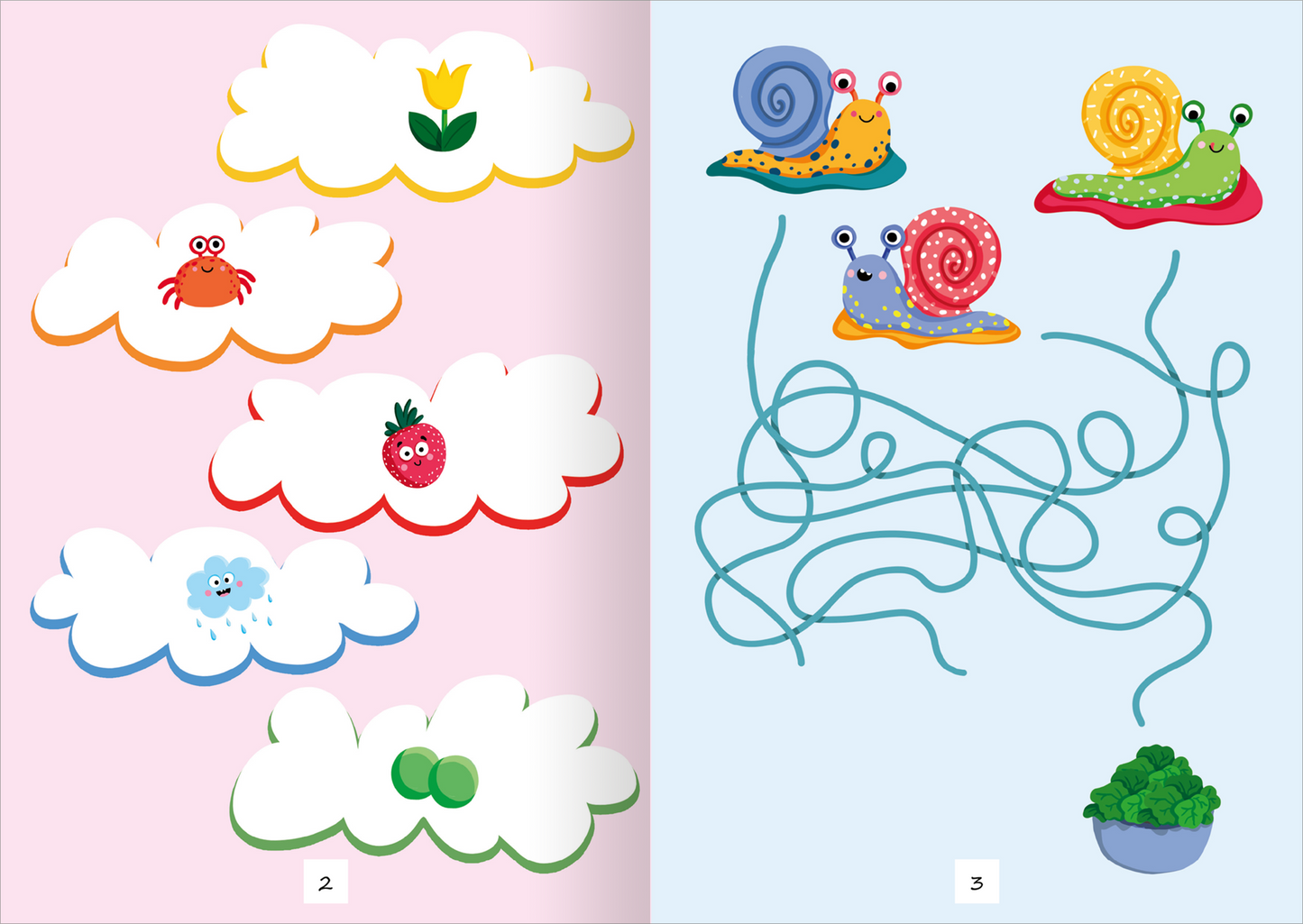 Gezeigt wird eine Innen- oder Zusatzansicht von „Sticker-Rätselspaß für die Ferien“. Die Seite präsentiert eine farbenfrohe Gestaltung mit einer himmelblauen und rosaroten Hintergrundfarbe. Auf der linken Seite befinden sich Wolken mit verschiedenen lustigen Motiven, darunter Schnecken, ein Krebs und eine Erdbeere. Die rechte Seite zeigt verschnörkelte Linien, die die Bewegung der Schnecken darstellen. Die Verwendung von kinderfreundlicher Schriftart und lebhaften Farben sorgt für...