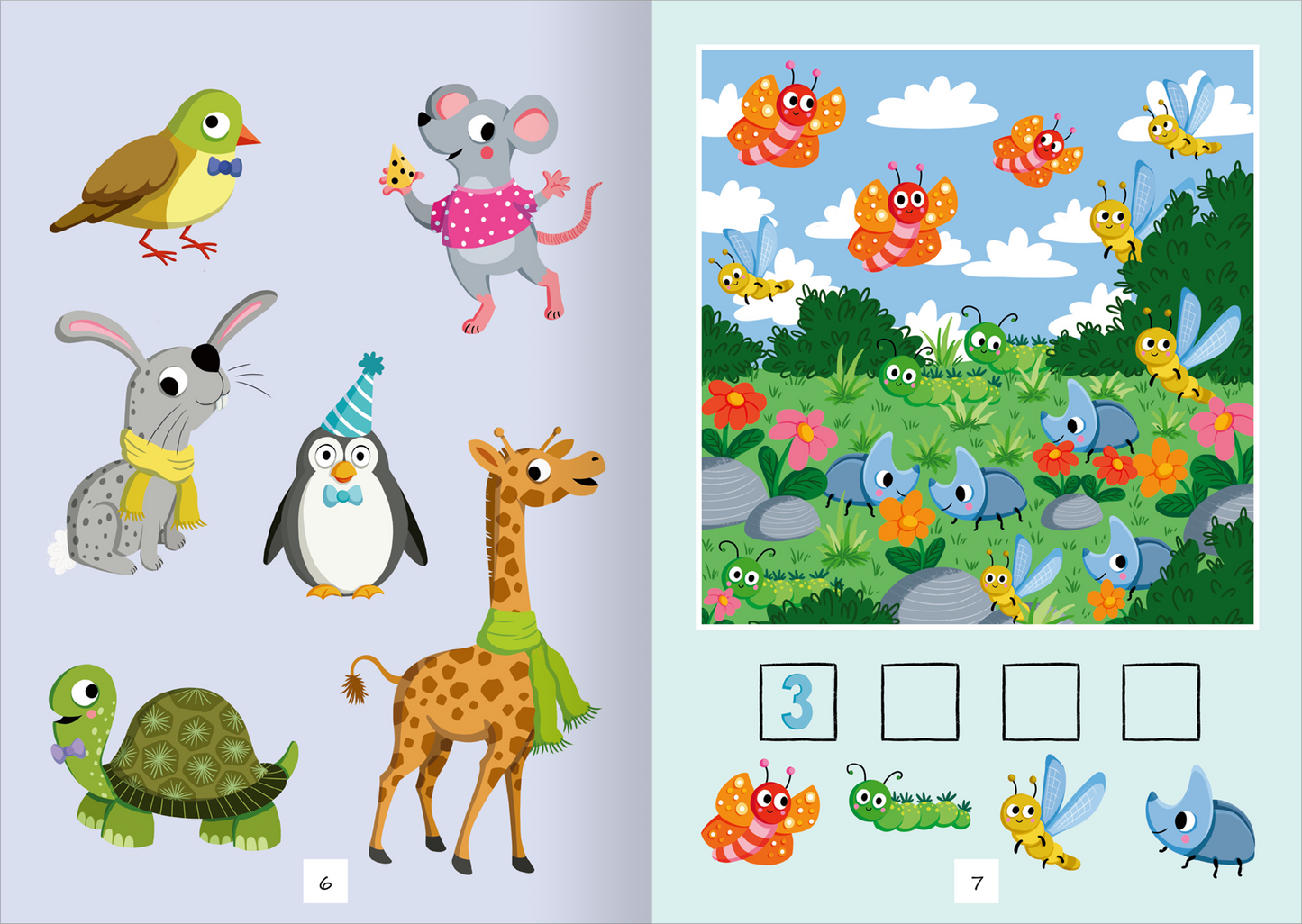 Gezeigt wird eine Innen- oder Zusatzansicht von „Sticker-Rätselspaß für die Ferien“. Auf der linken Seite sind bunte, cartoonartige Tiere abgebildet, darunter ein Vogel, eine Maus, ein Hase, ein Pinguin, eine Giraffe und eine Schildkröte, unterlegt mit sanften Farben. Die rechte Seite zeigt eine lockere Gartenlandschaft mit schillernden Schmetterlingen, Käfern und Blumen, umrahmt von einem hellblauen Himmel und grünen Sträuchern. Die Typografie ist kinderfreundlich und gut lesbar.