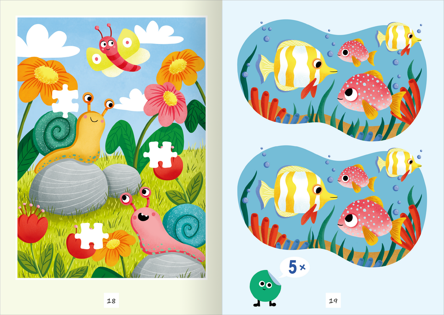Gezeigt wird eine Innen- oder Zusatzansicht von „Sticker-Rätselspaß für die Ferien“. Die linke Seite präsentiert eine bunte Wiesenlandschaft mit großen, fröhlichen Blumen, einem lächelnden Schnecken und einem Schmetterling im Himmel. Auf der rechten Seite ist eine Unterwasserwelt mit bunten Fischen und Pflanzen in sanften Blautönen gestaltet. Die Typografie umfasst klare, große Zahlen zur Seitenidentifikation, wodurch die Übersichtlichkeit gefördert wird.