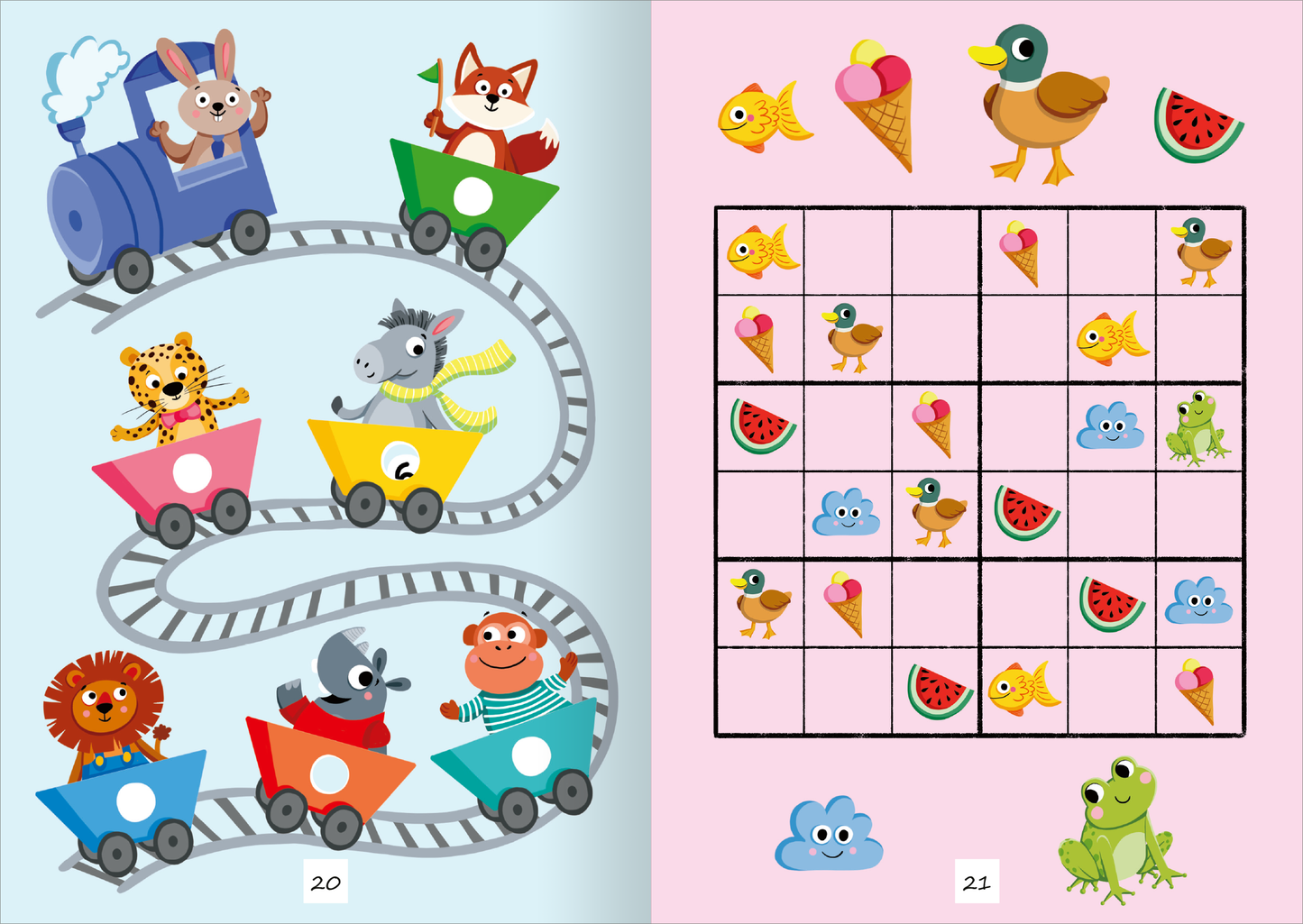 Gezeigt wird eine Innen- oder Zusatzansicht von „Sticker-Rätselspaß für die Ferien“. Auf der linken Seite ist ein bunter Zug mit verschiedenen Tieren, darunter ein Hase, ein Fuchs und ein Löwe, die in bunten Waggons sitzen. Der Hintergrund ist hellblau. Auf der rechten Seite befindet sich ein Rätselgitter mit farbigen Illustrationen von Eis, Fischen und Wassermelonen vor einem rosa Hintergrund. Die typografische Gestaltung ist verspielt und kinderfreundlich.