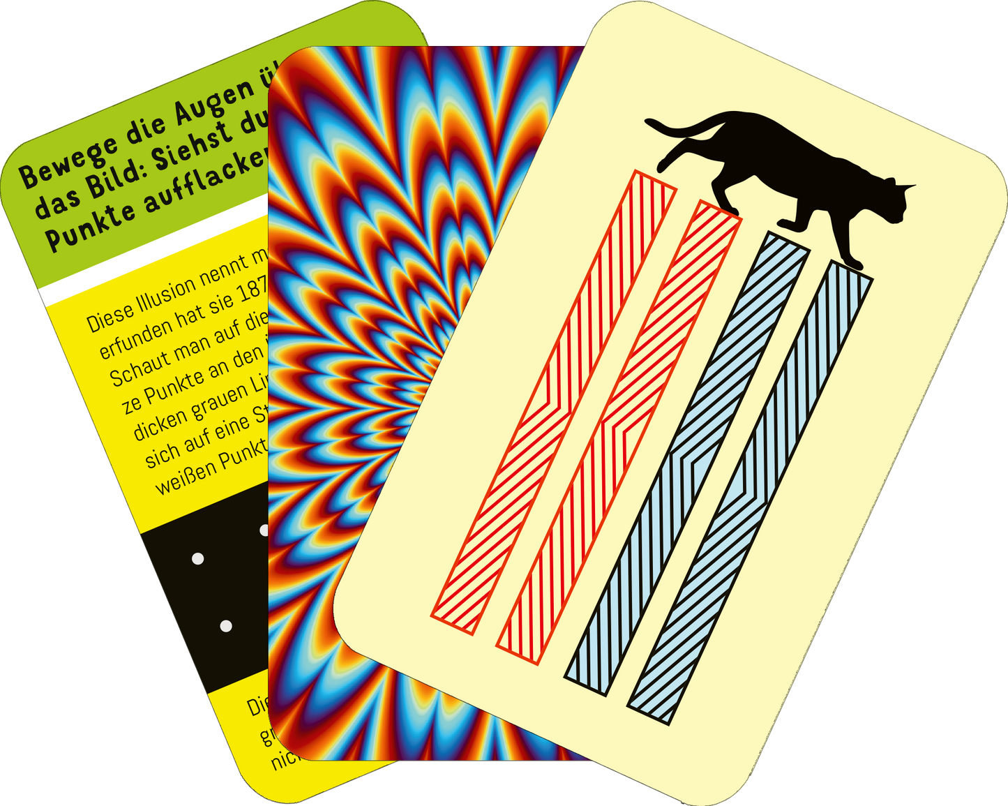 Gezeigt wird eine Innen- oder Zusatzansicht von „Science und Kids – Optische Täuschungen“. Die Abbildung zeigt drei bunte Karten mit unterschiedlichen visuellen Effekten. Eine Karte hat ein hypnotisches Muster in kräftigen Blau-, Rot- und Gelbtönen. Die zweite Karte zeigt drei unterschiedlich gestaltete Linien in rot und blau auf einem hellen Hintergrund. Die dritte Karte enthält einen Text auf gelbem Hintergrund und ein schwarz-weißes Katzensymbol. Die Typografie ist klar und gut...