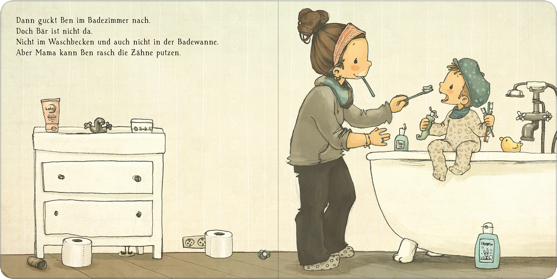 Gezeigt wird eine Innenansicht von „Die schönsten Geschichten von Ben und Bär“. Die Illustration zeigt ein Badezimmer mit einer hellen, freundlichen Farbpalette, dominiert von sanften Beige- und Grüntönen. Eine fröhliche Mutter putzt ihrem Kind, Ben, die Zähne, während er auf dem Rand einer Badewanne sitzt. Auf dem Boden liegen eine Rolle Toilettenpapier und ein Pflegeprodukt. Die typografische Gestaltung umfasst eine klare, gut lesbare Schriftart, die den Text harmonisch in die...