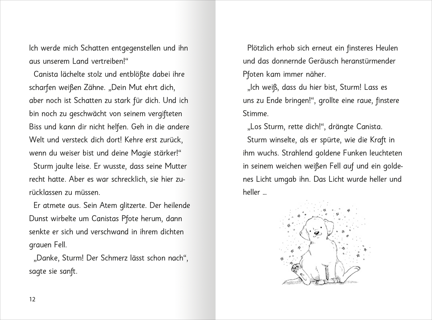 Gezeigt wird eine Innen- oder Zusatzansicht von „Auf magischen Pfoten – Flauschige Weihnachten“. Die Doppelseite hat einen hellen Hintergrund und schwarze Schrift darauf, die gut lesbar ist. Auf der rechten Seite ist eine zauberhafte Illustration eines niedlichen Hundes mit funkelnden Effekten.