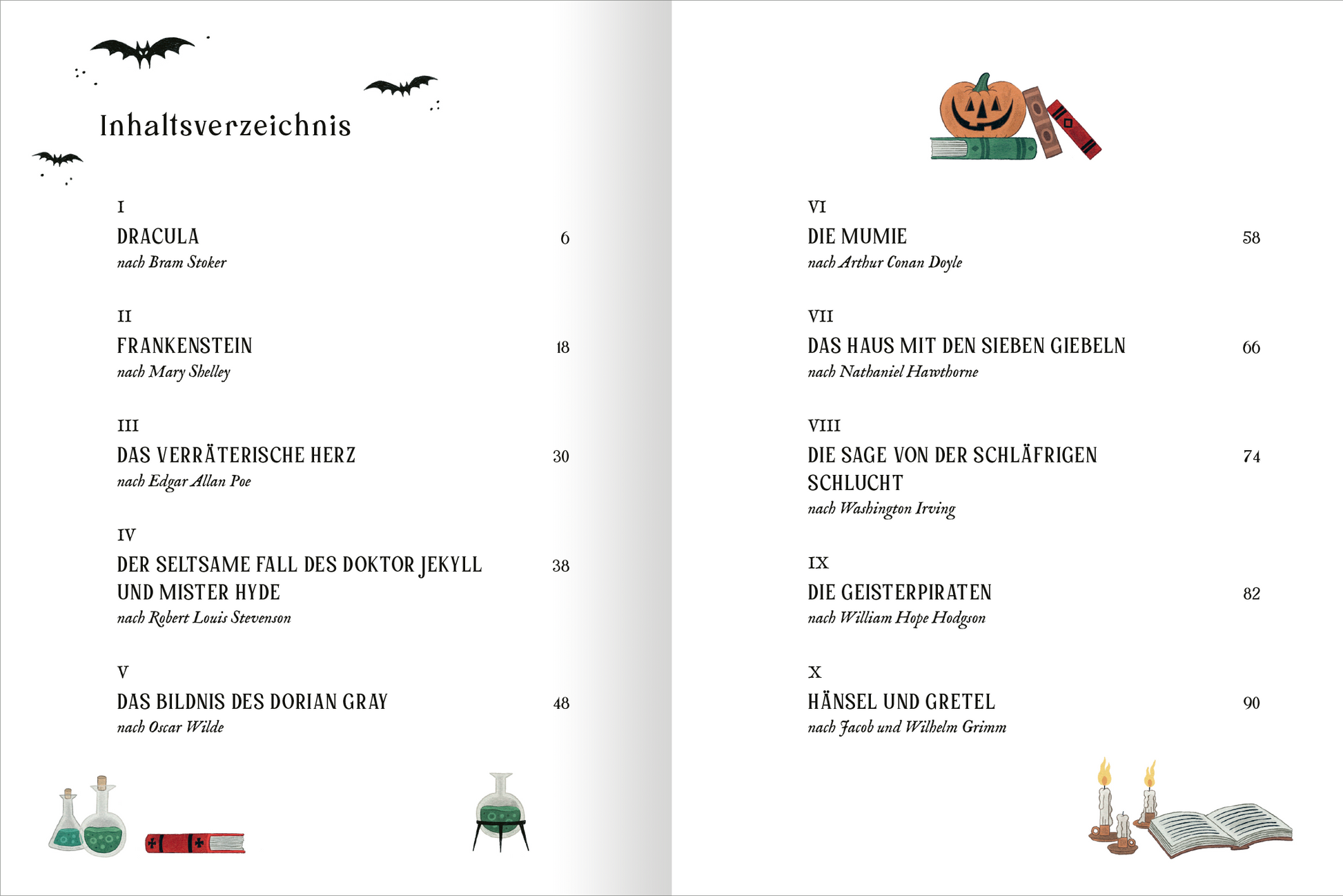 Gezeigt wird eine Innen- oder Zusatzansicht von „Die besten Gruselklassiker“. Auf der Doppelseite ist das Inhaltsverzeichnis zu sehen, das in klarer, seriffer Schrift auf weißem Hintergrund angeordnet ist. Die Kapitelüberschriften sind optisch hervorgehoben, einige sind mit passenden Illustrationen wie Fledermäusen und einer Kürbislaterne dekoriert. Die Farbgebung ist überwiegend in dunklen Tönen gehalten, ergänzt durch akzentuierende Farben der Illustrationen, die eine gruselige...