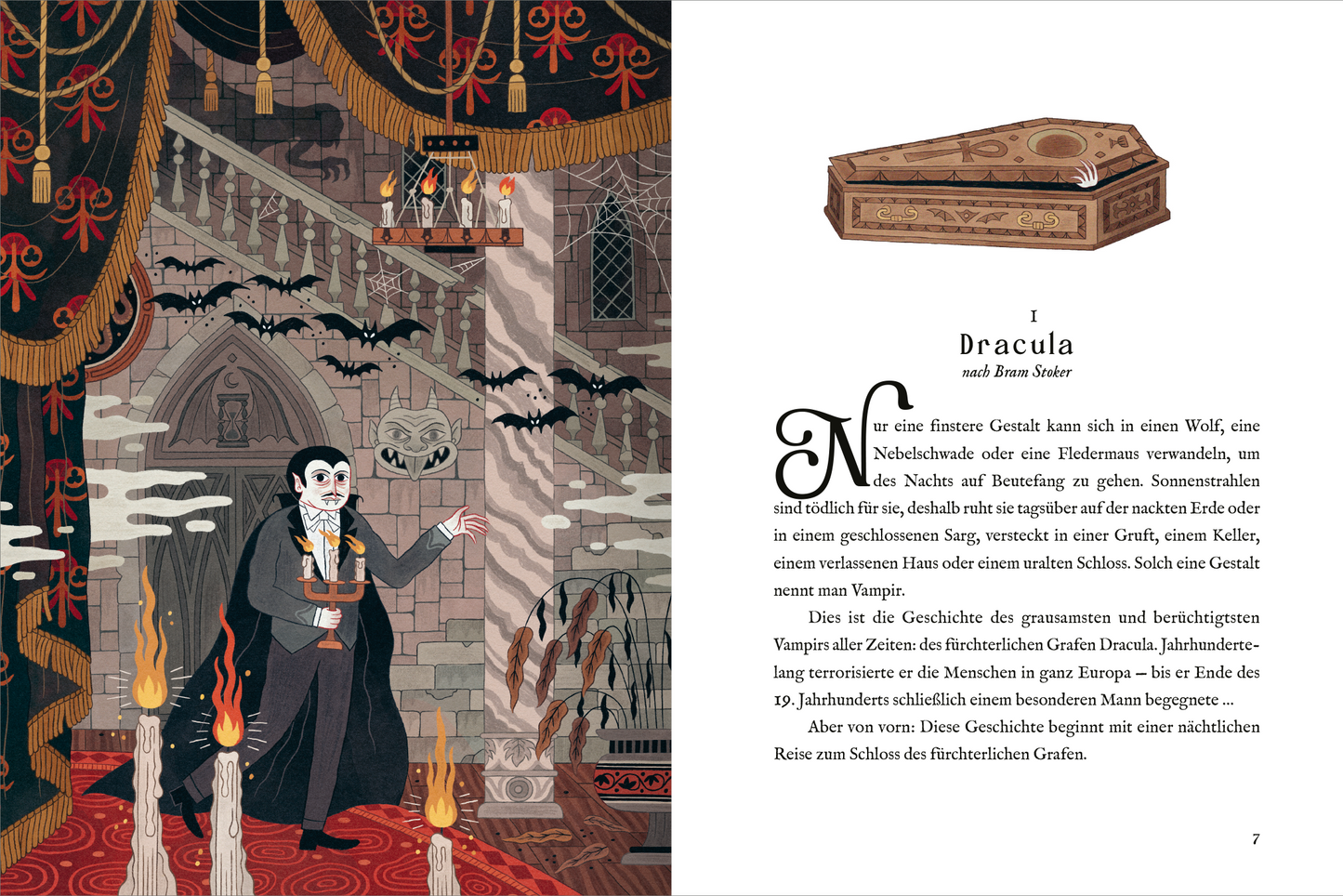 Gezeigt wird eine Innen- oder Zusatzansicht von „Die besten Gruselklassiker“. Auf der linken Seite ist eine detaillierte Illustration mit einem vampirähnlichen Charakter in einem düsteren Schloss zu sehen. Die dominante Farbpalette umfasst dunkle Töne wie Schwarz und Rot, die eine unheimliche Atmosphäre schaffen. Auf der rechten Seite ist der Kapiteltext in eleganter, klassischer Typografie angeordnet, wobei der Titel „Dracula“ hervorgehoben wird. Umgeben von stilvollen grafischen...