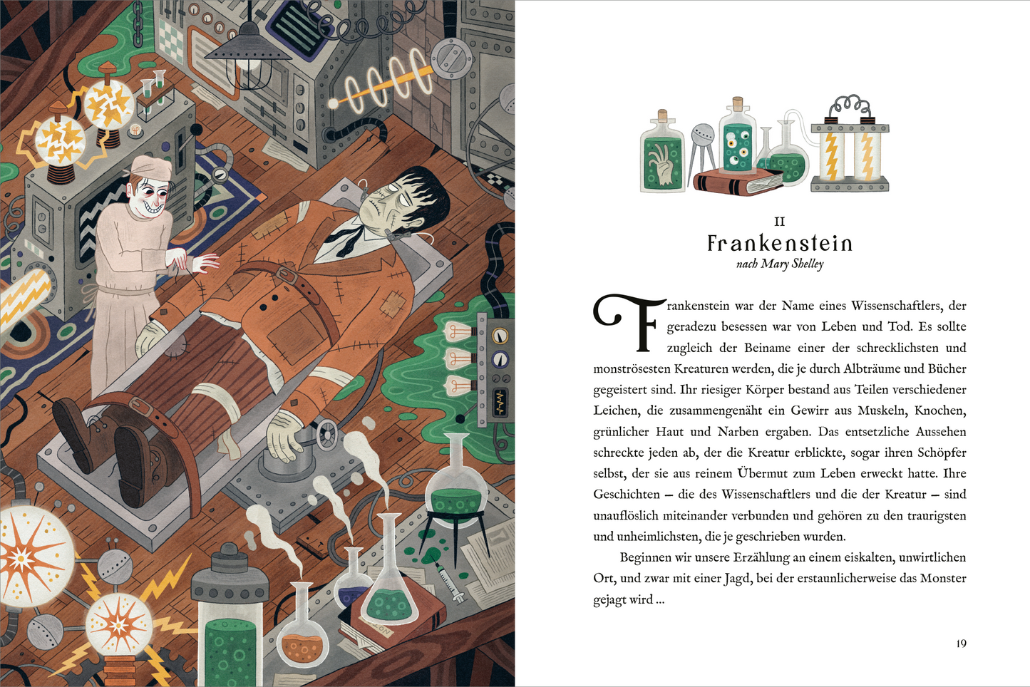 Gezeigt wird eine Innen- oder Zusatzansicht von „Die besten Gruselklassiker“. Die Seite zeigt eine illustrierte Doppelseite mit einer dunklen, geheimnisvollen Landschaft auf der linken Seite, gekennzeichnet durch einen finsteren Wald und ein Schloss im Hintergrund. Der Text ist in einer klaren, gut lesbaren Serifenschrift gesetzt, die einen klassischen Stil vermittelt. Rechts ist eine farbenfrohe Illustration eines Paares zu sehen, umgeben von gespenstischen Elementen, die die gruselige...