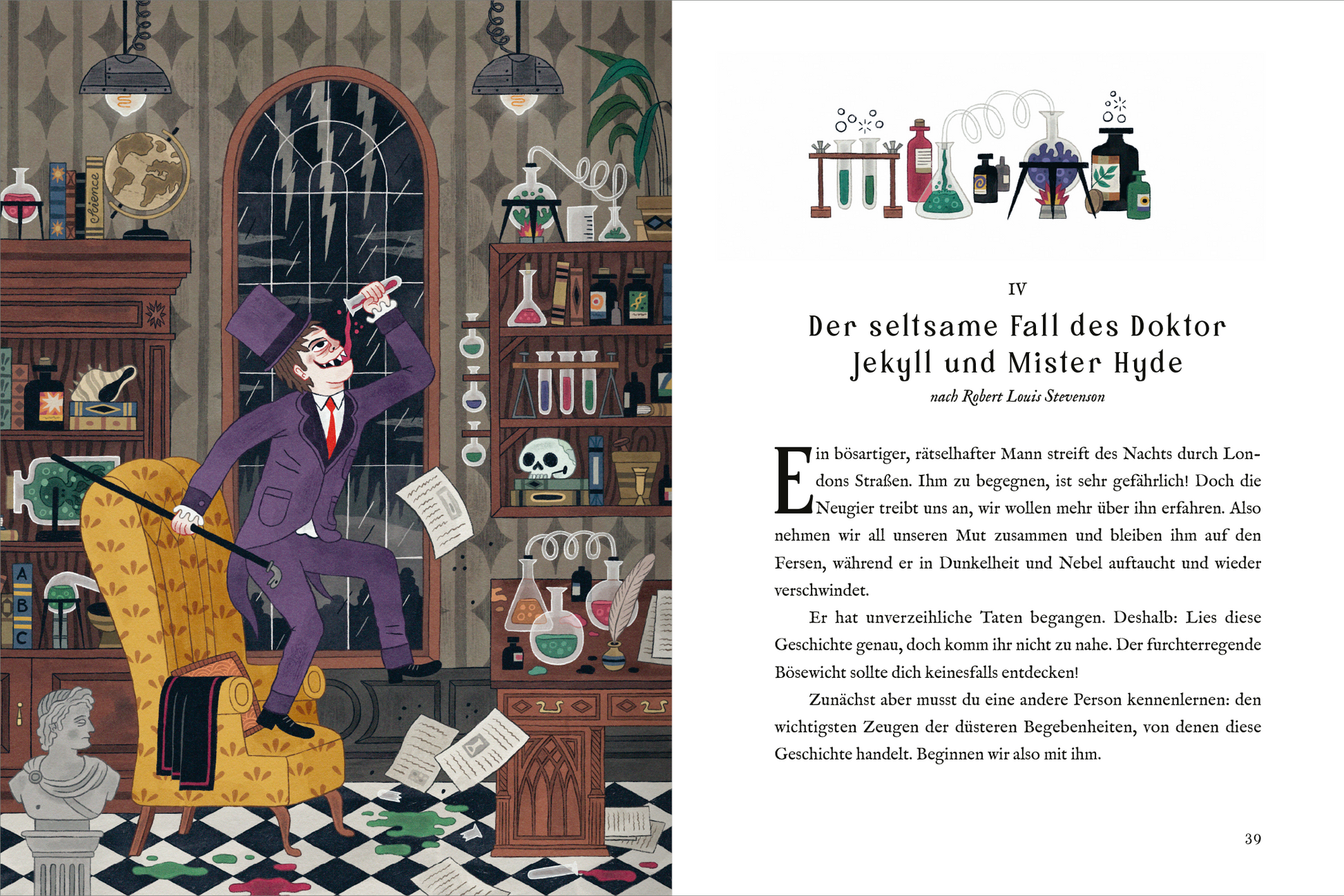 Gezeigt wird eine Innen- oder Zusatzansicht von „Die besten Gruselklassiker“. Auf der linken Seite ist eine illustrierte Szene mit einem Wissenschaftler zu sehen, der einen Körper auf einem Tisch untersucht, umgeben von Laborgeräten und Gläsern. Die Farbpalette ist düster mit Tönen von Braun, Grün und Schwarz. Die rechte Seite zeigt den Titel „Frankenstein“ in klarer, großer Schrift. Der Text ist in einer gut lesbaren Serifenschrift gestaltet, die sich vom Hintergrund abhebt.