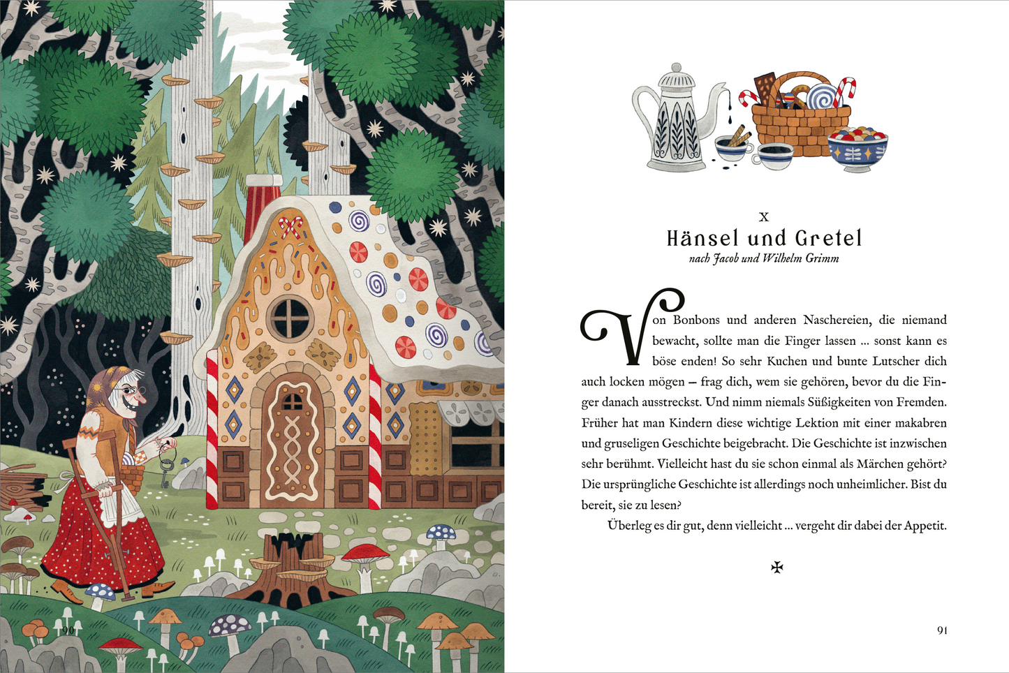 Gezeigt wird eine Innen- oder Zusatzansicht von „Die besten Gruselklassiker“. Die Seite präsentiert eine farbenfrohe Illustration mit einem Arbeitszimmer, das mit verschiedenen Gegenständen dekoriert ist. Im Vordergrund hängt ein rotes Gewand, während im Hintergrund zahlreiche Malutensilien, ein Grammophon und eine stilisierte Tapete sichtbar sind. Die Typografie ist klar und gut lesbar, in einem eleganten Stil gehalten. Die Farbpalette umfasst vorwiegend erdige und dunkle Töne, die...