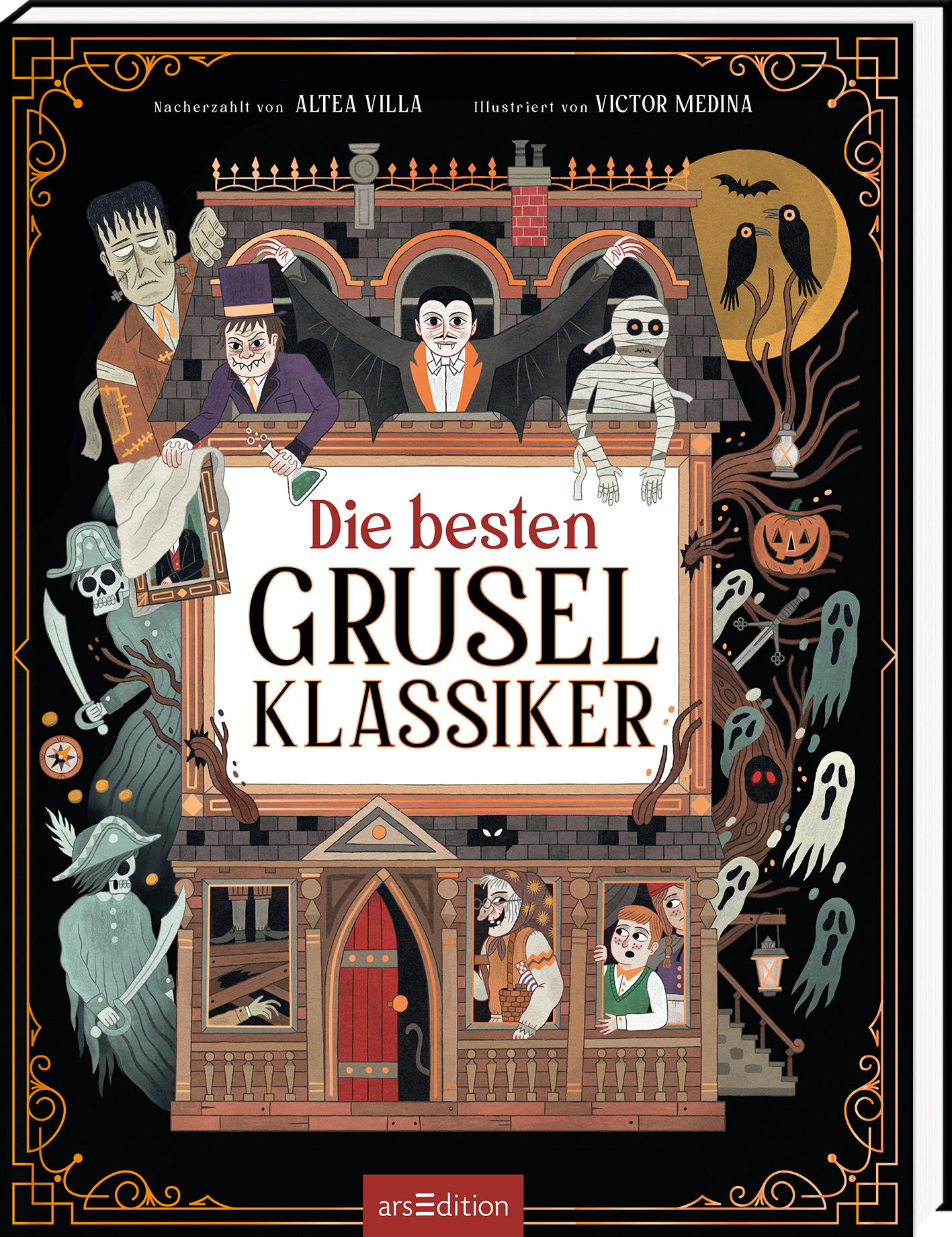 Das Buchcover zeigt eine düstere, illustrierte Szenerie mit einem alten, gruseligen Haus, umgeben von verschiedenen Geistern und gruseligen Gestalten. Auf dem Cover steht in großen, kontrastierenden Buchstaben „Die besten GRUSEL KLASSEKER“. Die Farbgestaltung ist hauptsächlich in dunklen Tönen gehalten, ergänzt durch lebendige Akzente. Oben rechts befindet sich ein kleiner, runder „SPIEGEL-Bestseller“-Button. Ganz unten mittig steht der Logoschriftzug von arsEdition.