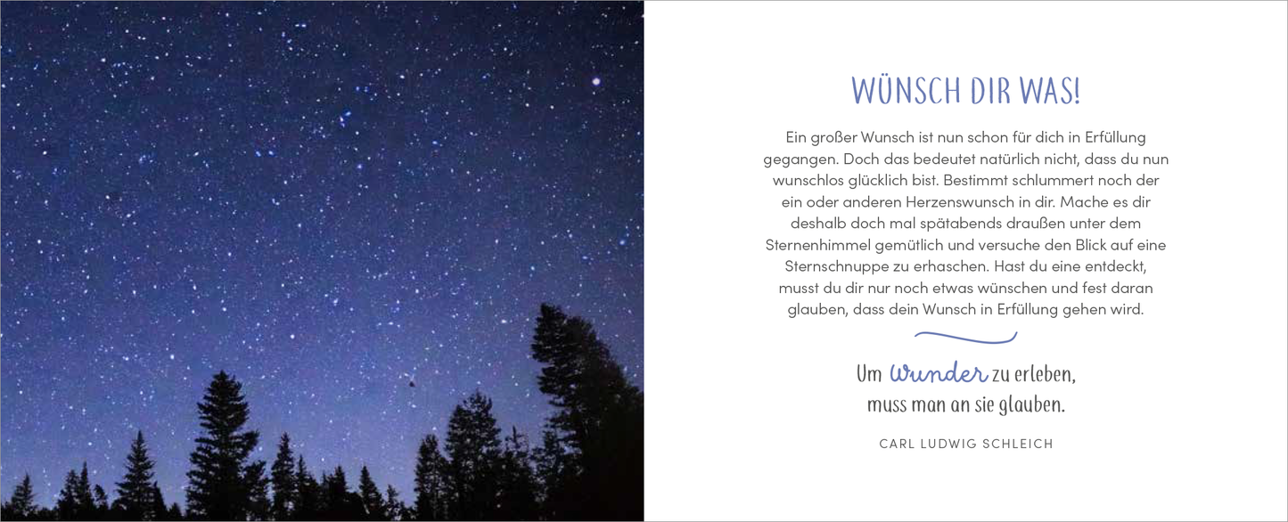 Gezeigt wird eine Innen- oder Zusatzansicht von „Endlich geschafft! Hurra! Herzlichen Glückwunsch!“. Auf der linken Seite ist ein beeindruckendes Sternenbild zu sehen, das eine tiefblaue Nacht mit vielen glitzernden Sternen zeigt. Rechts befindet sich der Text „Wünsch dir was!“, der in einer eleganten, blauen Schriftart gestaltet ist. Darunter steht eine herzliche Botschaft in schwarzer Schrift, die auf einem weißen Hintergrund leicht lesbar ist. Unten rechts ist ein Zitat von Carl...