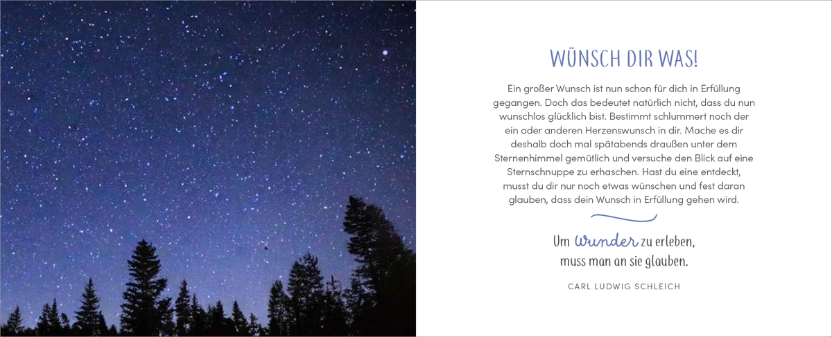 Gezeigt wird eine Innen- oder Zusatzansicht von „Endlich geschafft! Hurra! Herzlichen Glückwunsch!“. Auf der linken Seite ist ein beeindruckendes Sternenbild zu sehen, das eine tiefblaue Nacht mit vielen glitzernden Sternen zeigt. Rechts befindet sich der Text „Wünsch dir was!“, der in einer eleganten, blauen Schriftart gestaltet ist. Darunter steht eine herzliche Botschaft in schwarzer Schrift, die auf einem weißen Hintergrund leicht lesbar ist. Unten rechts ist ein Zitat von Carl...