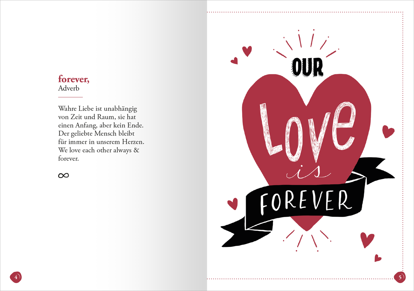 Gezeigt wird eine Innenansicht von „Liebe“. Auf der linken Seite befindet sich eine Definition des Begriffs „forever“ in schwarzer Schrift auf weißem Hintergrund. Auf der rechten Seite ist ein großes, rotes Herz abgebildet, das die Worte „Our Love is Forever“ in einer verspielten Typografie präsentiert. Ein schwarzer Banner mit der Aufschrift „forever“ umrahmt das Herz. Rote Herzchen und dynamische Strahlen verleihen der Seite lebendige Akzente.