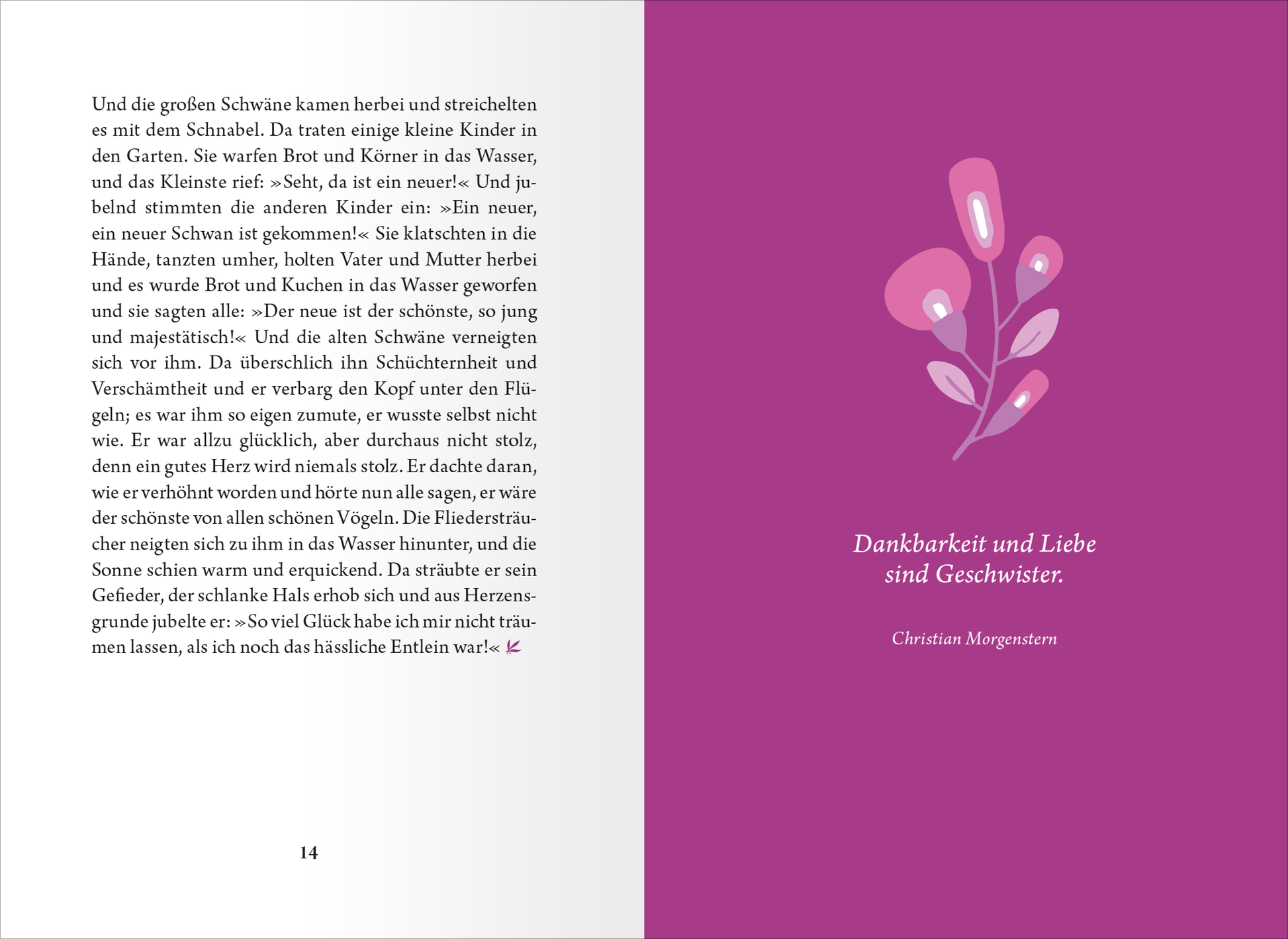 Gezeigt wird eine Innen- oder Zusatzansicht von „Die kleine Bibliothek der positiven Gefühle: Dankbarkeit“. Auf der linken Seite ist ein Textabschnitt abgedruckt, der in einer klaren, gut lesbaren Schriftart in Schwarz gehalten ist. Die rechte Seite präsentiert einen farbigen Hintergrund in kräftigem Lila, auf dem stilisierte Blumen in sanften Farbtönen abgebildet sind. Oben steht der Titel „Dankbarkeit und Liebe sind Geschwister“ in eleganter weißer Schrift, gefolgt von dem...