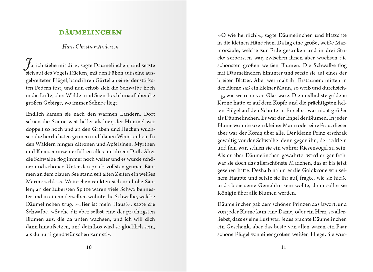 Gezeigt wird eine Innen- oder Zusatzansicht von „Die kleine Bibliothek der positiven Gefühle: Glück“. Die Seite präsentiert einen klaren, gut lesbaren Text in Schwarz auf hellem Hintergrund. Der Titel „Däumelinchen“ steht in grüner Schrift, was die thematische Frische unterstreicht. Die Typografie ist modern und freundlich, mit ausreichend Abstand zwischen den Zeilen und Absätzen. Die Seitenzahlen sind dezent platziert, was die Lesbarkeit unterstützt.