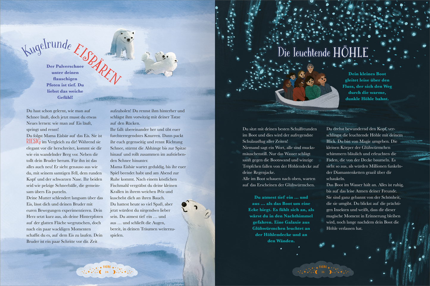 Gezeigt wird eine Innen- oder Zusatzansicht von „Ein Traum für jede Nacht“. Auf der linken Seite befindet sich eine Szene mit zwei niedlichen, kugelrunden Eisbären auf einem hellblauen Hintergrund. Der Text ist in lebhaften, gesunden Farben gehalten, wobei die Überschrift in roter, verspielter Schriftart hervorsticht. Auf der rechten Seite sehen wir eine Gruppe von Figuren in einem Boot, umgeben von leuchtenden, blauen Elementen, die einen mystischen Eindruck der „leuchtenden Höhle“...