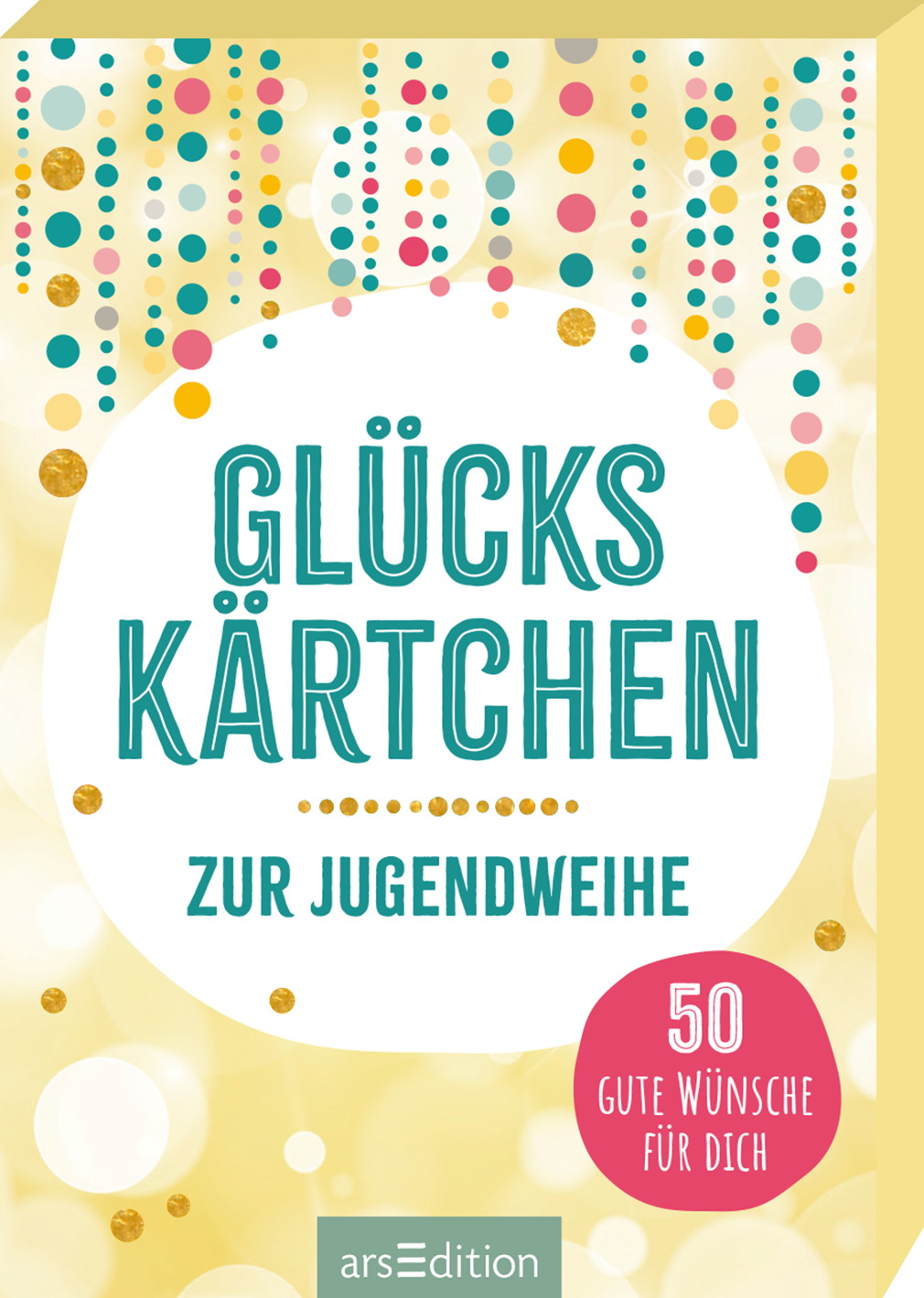 Das Buchcover zeigt einen hellen, gelben Hintergrund, der eine festliche Atmosphäre ausstrahlt. In der Mitte steht in großen, turquoisefarbenen Buchstaben „GLÜCKSKÄRTCHEN“, darunter folgt der Titel „ zur Jugendweihe“ in schlichteren, schwarzen Buchstaben. Über und unter dem Titel sind bunte Punkte und Streifen in verschiedenen Farben und Größen angeordnet, die lebendige Akzente setzen. In der unteren rechten Ecke befindet sich ein rotes Schild mit der Aufschrift „50 gute...