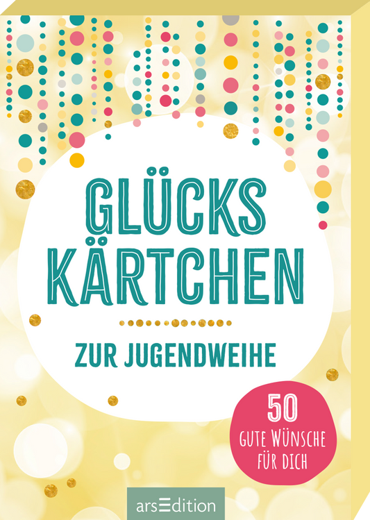 Das Buchcover zeigt einen hellen, gelben Hintergrund, der eine festliche Atmosphäre ausstrahlt. In der Mitte steht in großen, turquoisefarbenen Buchstaben „GLÜCKSKÄRTCHEN“, darunter folgt der Titel „ zur Jugendweihe“ in schlichteren, schwarzen Buchstaben. Über und unter dem Titel sind bunte Punkte und Streifen in verschiedenen Farben und Größen angeordnet, die lebendige Akzente setzen. In der unteren rechten Ecke befindet sich ein rotes Schild mit der Aufschrift „50 gute...