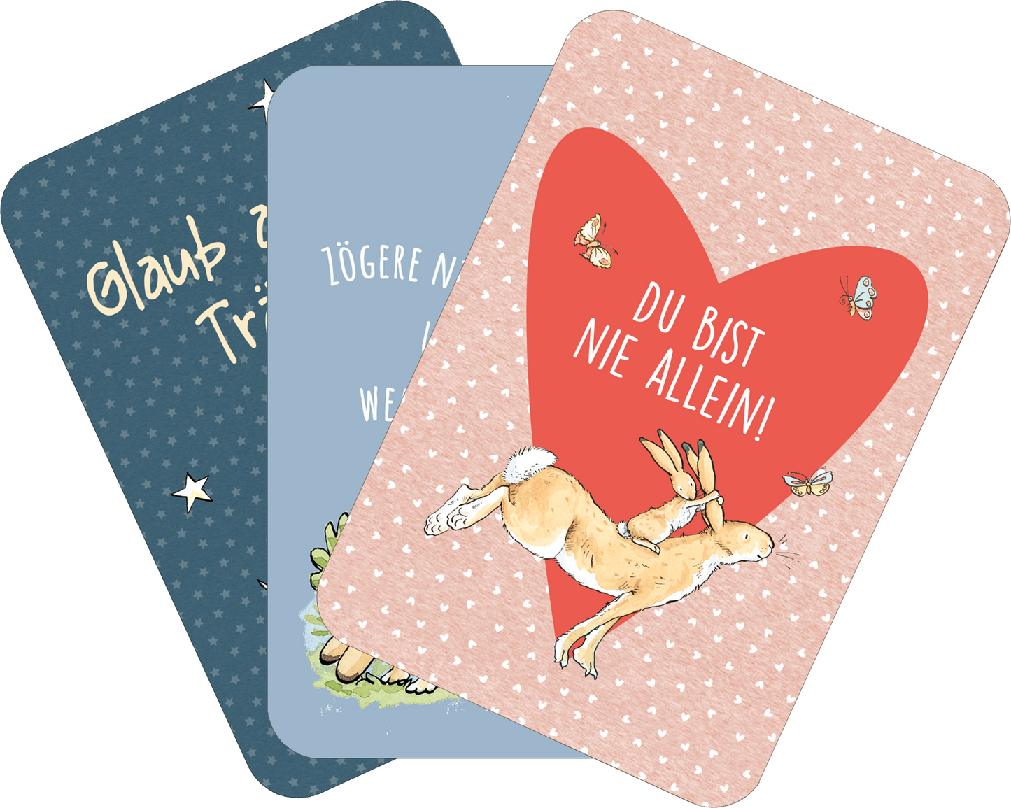 Gezeigt wird eine Innen- oder Zusatzansicht von „Weißt du eigentlich, wie mutig du bist?“. Die Ansicht zeigt drei Karten, dunkelblau mit weißen Sternen, hellblau mit dem Text „Zögere nicht, wenn ...“, und rosa mit einem großen roten Herz, in dem steht „DU BIST NIE ALLEIN!“. Illustrationen von Fröschen, Hasen und Schmetterlingen sind verteilt auf den Karten. Die Farben sind sanft und ansprechend, die Schriftarten variieren, um die Botschaften hervorzuheben.