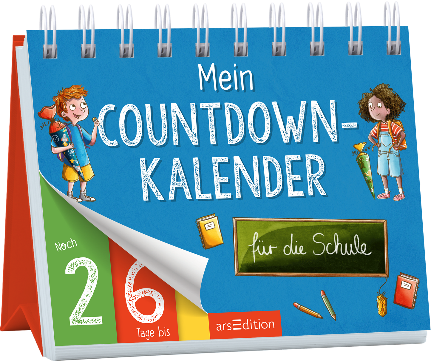 Es handelt sich bei dem Produkt um einen Aufsteller mit Spiralbildung oben. Das Cover ist hellblau und oben mittig steht in großer, weißer Schrift „Mein COUNTDOWN-KALENDER“. Etwas darunter auf einer illustrierten Schultafel steht „für die Schule“. Links und rechts vom Titel stehen ein Junge und ein Mädchen mit Schultüten und Schulranzen. Unten links zeigt ein rot-grünes Kästchen „Noch 26 Tage bis“. Ganz unten mittig steht der Logoschriftzug von arsEdition.
