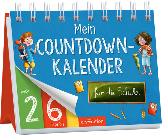 Es handelt sich bei dem Produkt um einen Aufsteller mit Spiralbildung oben. Das Cover ist hellblau und oben mittig steht in großer, weißer Schrift „Mein COUNTDOWN-KALENDER“. Etwas darunter auf einer illustrierten Schultafel steht „für die Schule“. Links und rechts vom Titel stehen ein Junge und ein Mädchen mit Schultüten und Schulranzen. Unten links zeigt ein rot-grünes Kästchen „Noch 26 Tage bis“. Ganz unten mittig steht der Logoschriftzug von arsEdition.