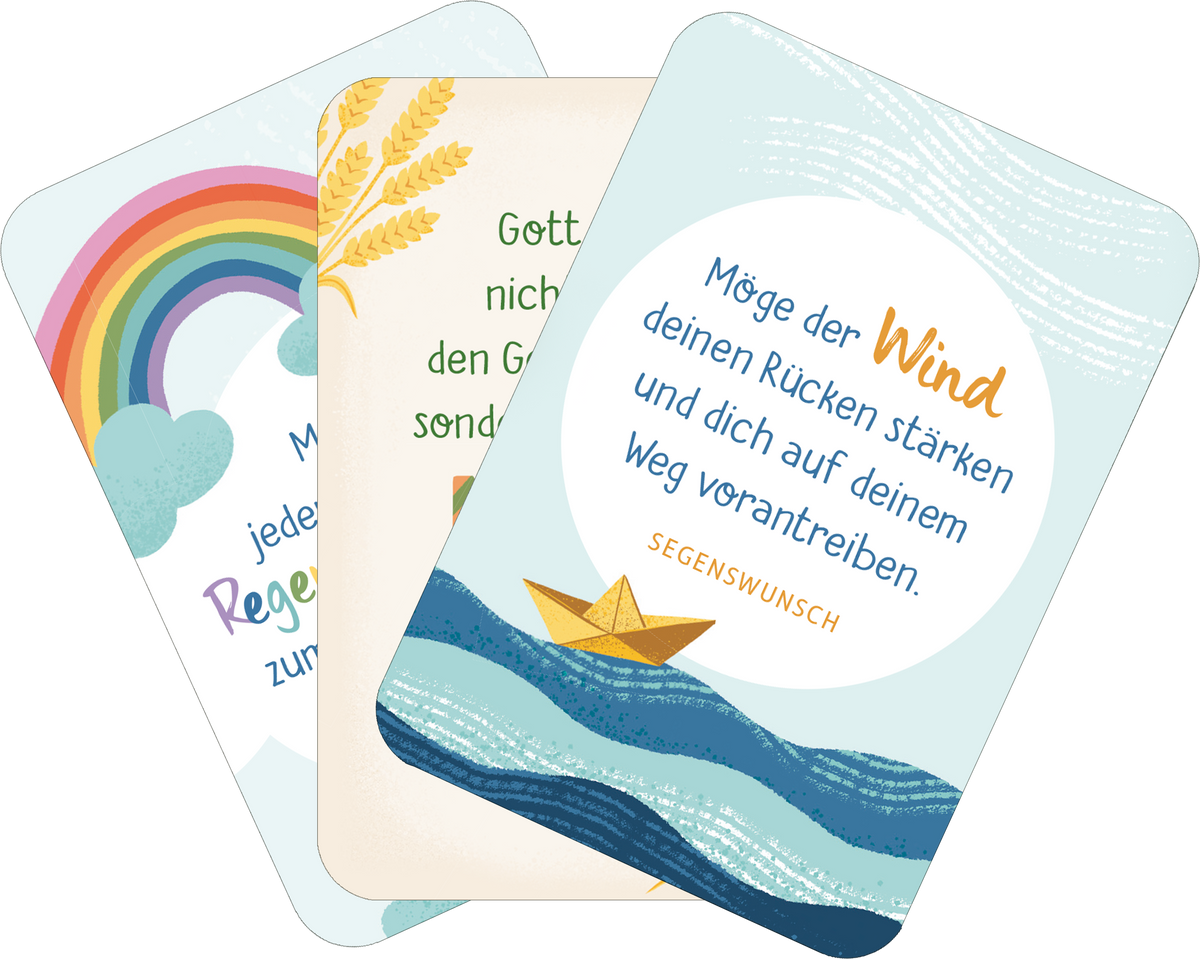 Gezeigt wird eine Innen- oder Zusatzansicht von „Segenswünsche für dich“. Die Karten zeigen zentrale Motive wie einen Regenbogen und eine Bootsdarstellung auf Wellen. Farblich dominieren sanfte Töne von Blau, Gelb und Pastellgrün. Die Typografie ist freundlich und verspielt; der Text „Möge der Wind deinen Rücken stärken und dich auf deinem Weg vorantreiben“ hebt sich gut vom Hintergrund ab, während andere Sprüche in einer einladenden Schriftart gestaltet sind.