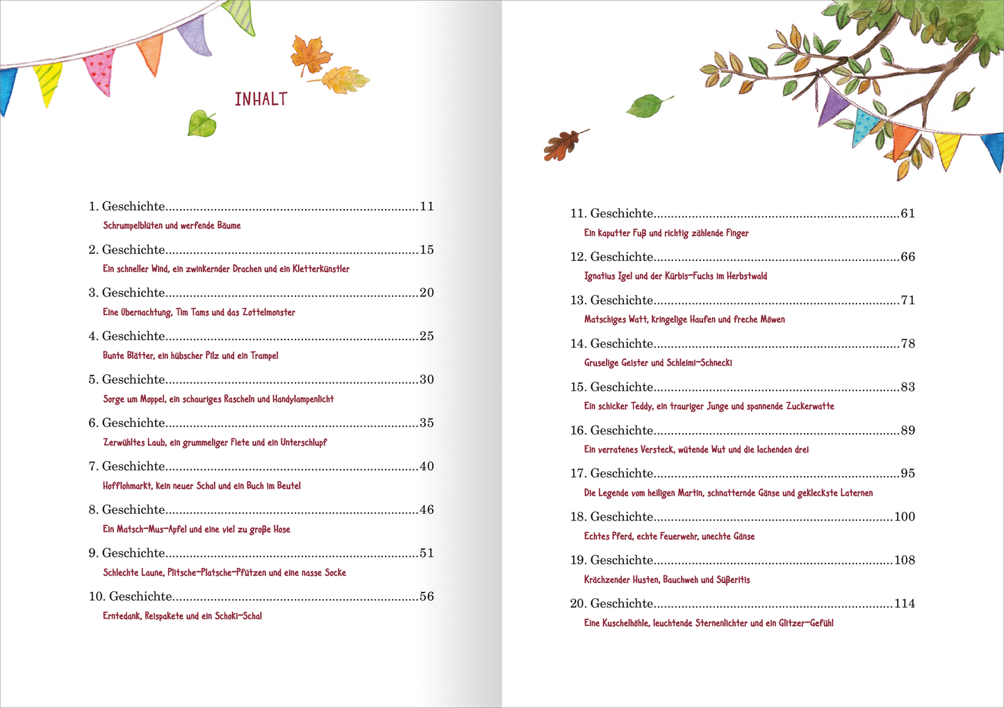 Gezeigt wird eine Innen- oder Zusatzansicht von „Herbstgeschichten aus dem Glockenhof“. Die Doppelseite präsentiert eine kolorierte Inhaltsangabe mit einem verspielten, handschriftlich wirkenden Titel. Links sind bunte, grafische Fähnchen und herbstliche Blätter zu sehen. Die Seitenzahlen und die Titel der Geschichten sind in einer klaren, gut lesbaren Serifenschrift angeordnet, während der Hintergrund schlicht und hell bleibt, um die Lesbarkeit zu fördern.