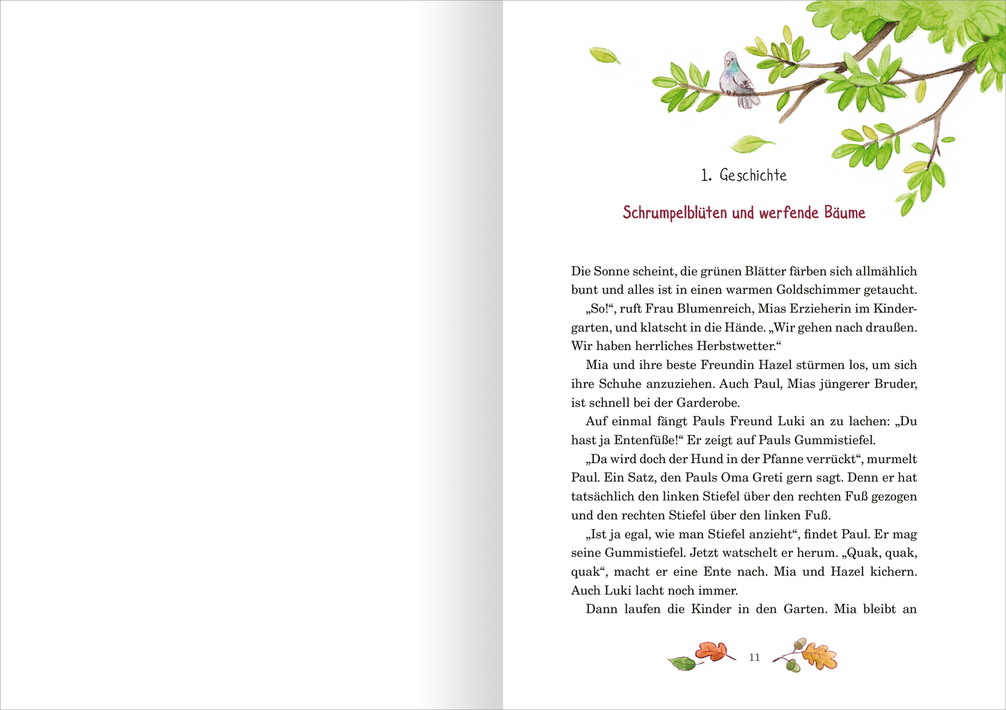 Gezeigt wird eine Innen- oder Zusatzansicht von „Herbstgeschichten aus dem Glockenhof“. Die Seite präsentiert eine sanfte Farbpalette mit grünen Blättern und zarten Illustrationen eines Vogelkobels. Die Kopfzeile ist in einer verspielten roten Schrift gestaltet, die den Titel „1. Geschichte“ anzeigt. Der Fließtext ist klar und gut lesbar, in einer ansprechenden, freundlichen Schriftart. Am unteren Rand befindet sich eine kleine farbige Illustration mit herbstlichen Motiven, die den...