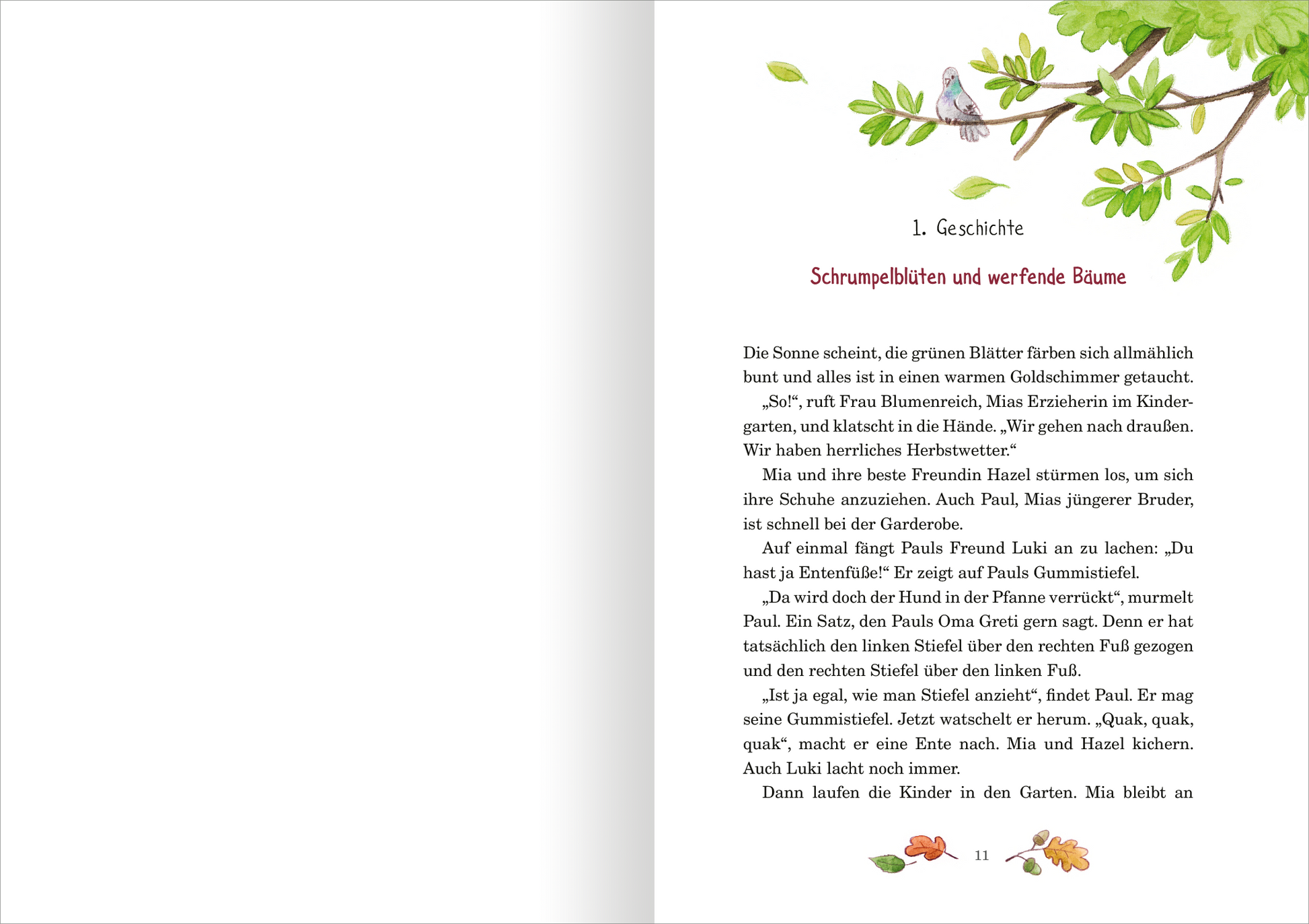 Gezeigt wird eine Innen- oder Zusatzansicht von „Herbstgeschichten aus dem Glockenhof“. Die Seite präsentiert eine sanfte Farbpalette mit grünen Blättern und zarten Illustrationen eines Vogelkobels. Die Kopfzeile ist in einer verspielten roten Schrift gestaltet, die den Titel „1. Geschichte“ anzeigt. Der Fließtext ist klar und gut lesbar, in einer ansprechenden, freundlichen Schriftart. Am unteren Rand befindet sich eine kleine farbige Illustration mit herbstlichen Motiven, die den...