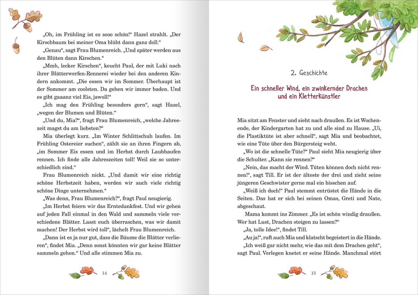 Gezeigt wird eine Innen- oder Zusatzansicht von „Herbstgeschichten aus dem Glockenhof“. Die Doppelseite präsentiert eine sanfte Farbpalette mit dominierenden Grüntönen und warmen Erdfarben. Verschnörkelte, kindgerechte Illustrationen von Blättern und kleinen Tieren umrahmen den Text. Die typografische Gestaltung ist klar und gut lesbar, mit einer Mischung aus verspielter und einfacher Schriftart, die den freundlichen und einladenden Charakter der Geschichten unterstreicht.