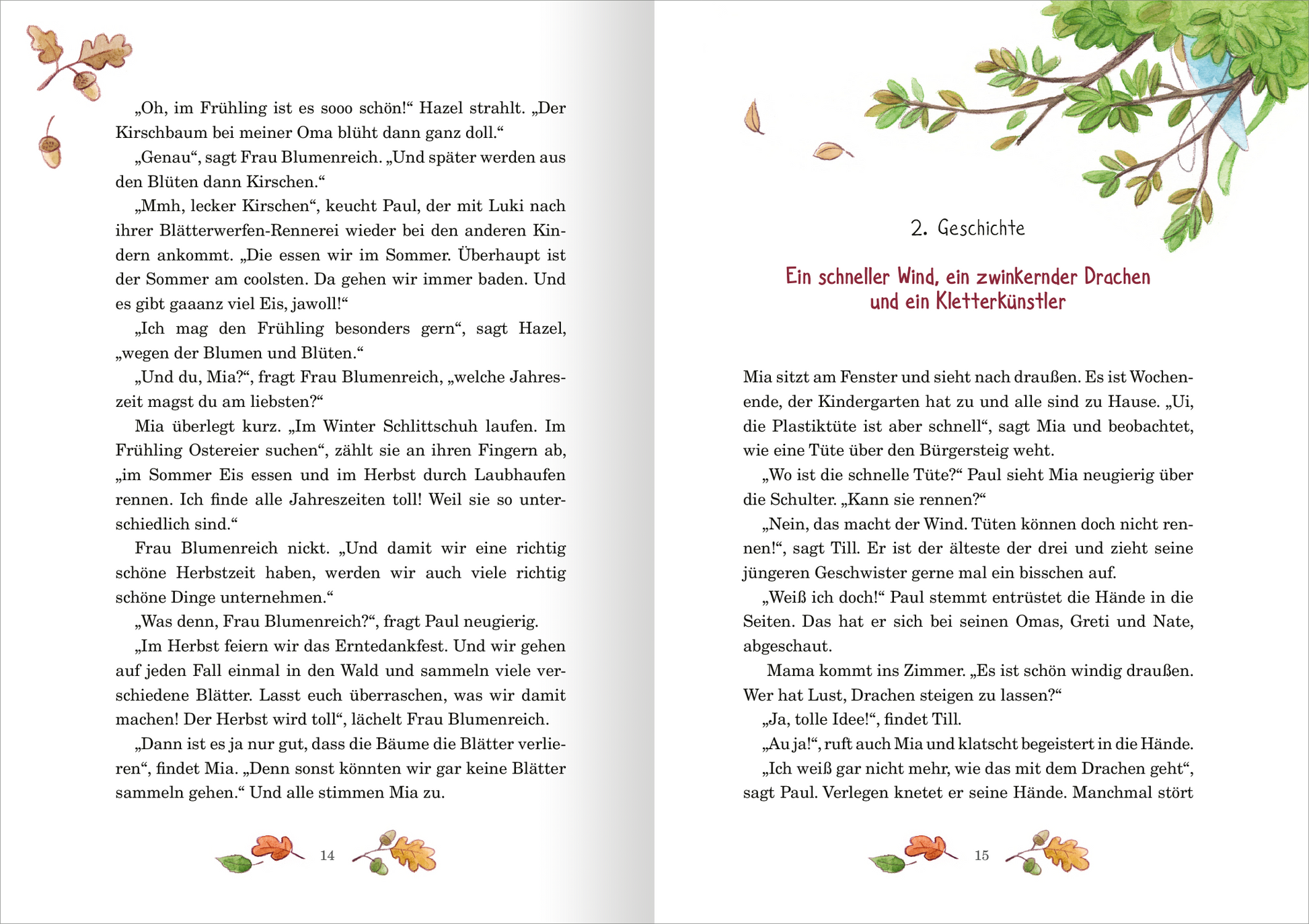 Gezeigt wird eine Innen- oder Zusatzansicht von „Herbstgeschichten aus dem Glockenhof“. Die Doppelseite präsentiert eine sanfte Farbpalette mit dominierenden Grüntönen und warmen Erdfarben. Verschnörkelte, kindgerechte Illustrationen von Blättern und kleinen Tieren umrahmen den Text. Die typografische Gestaltung ist klar und gut lesbar, mit einer Mischung aus verspielter und einfacher Schriftart, die den freundlichen und einladenden Charakter der Geschichten unterstreicht.