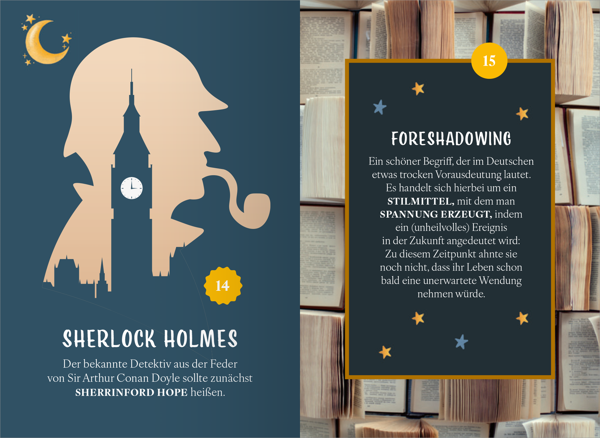 Gezeigt wird eine Innen- oder Zusatzansicht von „Booklover“. Im linken Teil ist eine stilisierte Silhouette von Sherlock Holmes zu sehen, umrahmt von einem tiefblauen Hintergrund mit einem Mond und Sternen. Die Figur trägt einen Hut und hält eine Pfeife, während im Hintergrund eine große Uhr abgebildet ist. Auf der rechten Seite befindet sich ein Textfeld mit gelbem Hintergrund, das den Begriff „Foreshadowing“ erklärt, begleitet von dezenten Sternen. Die Typografie ist klar und gut...