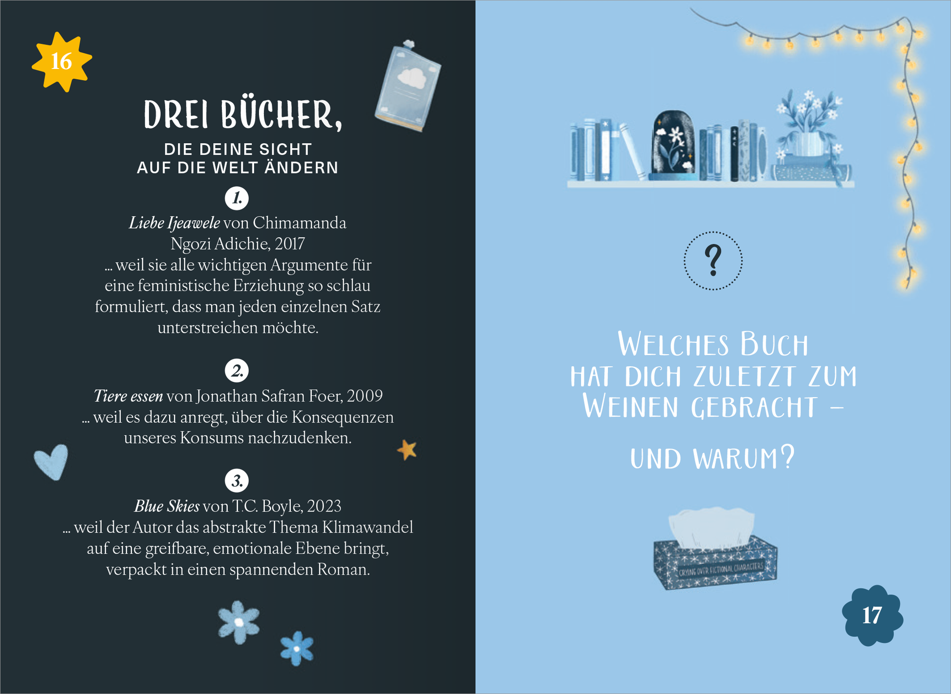 Gezeigt wird eine Innen- oder Zusatzansicht von „Booklover“. Die Seite ist in dunklen Tönen gehalten, mit weißen und hellblauen Akzenten. Links sind drei Buchtitel aufgelistet, umrahmt von kleinen Illustrationen wie Blumen und Herzen. Rechts findet sich eine Frage in verspielter Schrift, umgeben von liebevollen, dekorativen Elementen wie einer Box mit Taschentüchern und einer Bücherreihe. Der Text ist klar strukturiert, die Typografie ist modern und ansprechend.