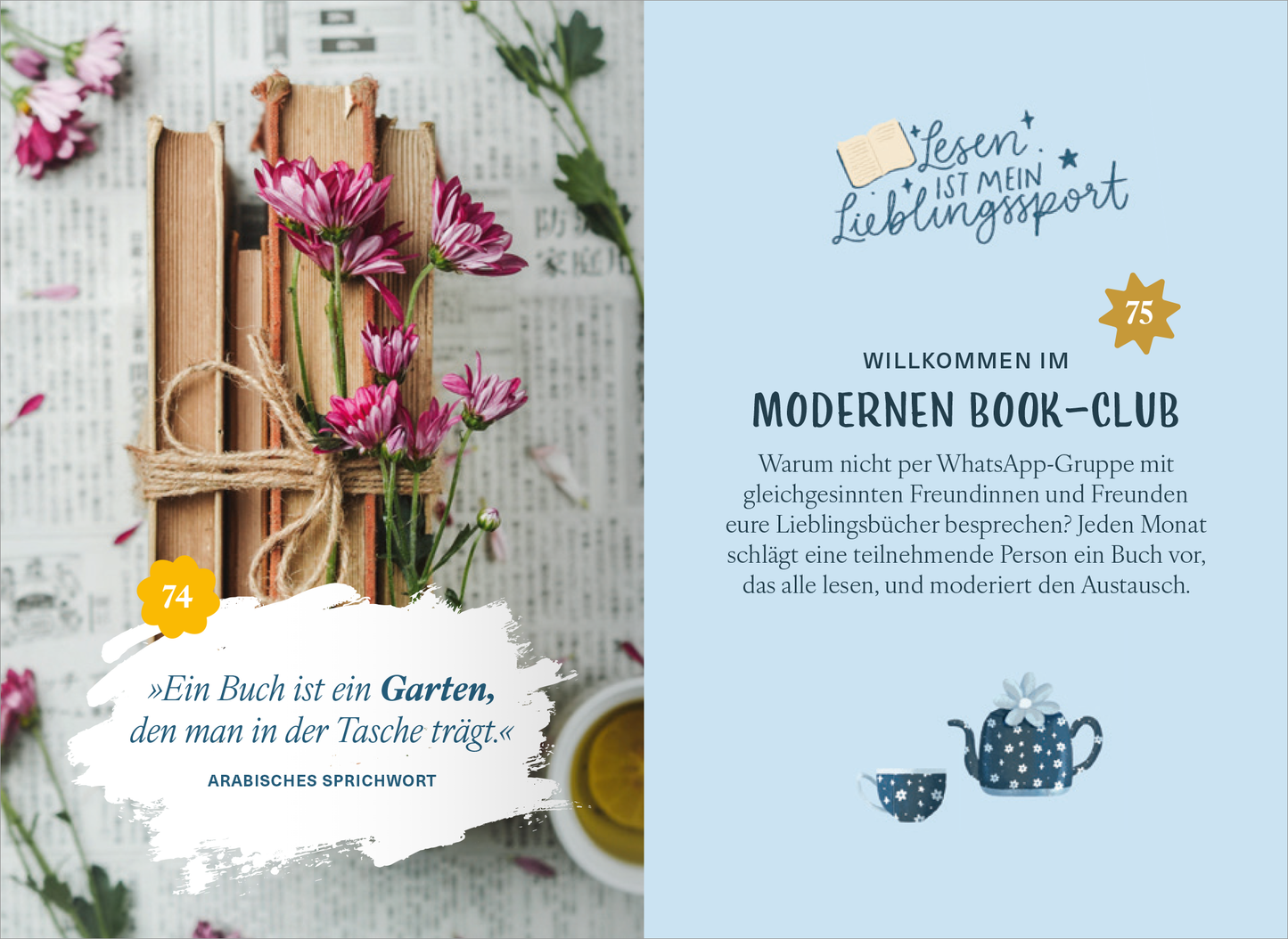 Gezeigt wird eine Innen- oder Zusatzansicht von „Booklover“. Die linke Seite zeigt drei gebundene Bücher, umwickelt mit einer Schnur, dekoriert mit lila Blumen auf einem Zeitungsuntergrund. Rechts steht der Text „Willkommen im MODERNEN BOOK-CLUB“ in einer eleganten Schriftart. Darunter sind Informationen in einer klaren, modernen Typografie. Die Farbpalette besteht aus sanften Pastelltönen und kräftigem Blau. Ein gemütliches Teekannenmotiv ergänzt das Design.