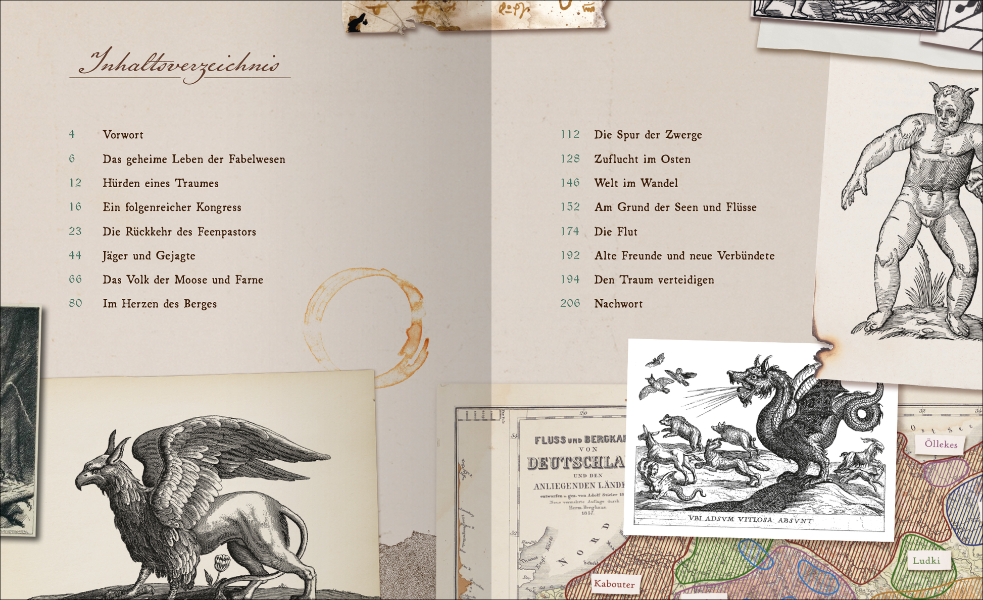 Gezeigt wird eine Innenansicht von „Aufstand der Fabelwesen“. Die Doppelseite zeigt ein Inhaltsverzeichnis, eingerahmt von illustrativen Elementen. Die Farbpalette umfasst sanfte Erdtöne und gedeckte Farben, die eine märchenhafte Atmosphäre schaffen. Illustrationen von fantastischen Kreaturen ergänzen den Text und fördern die visuelle Anziehungskraft.