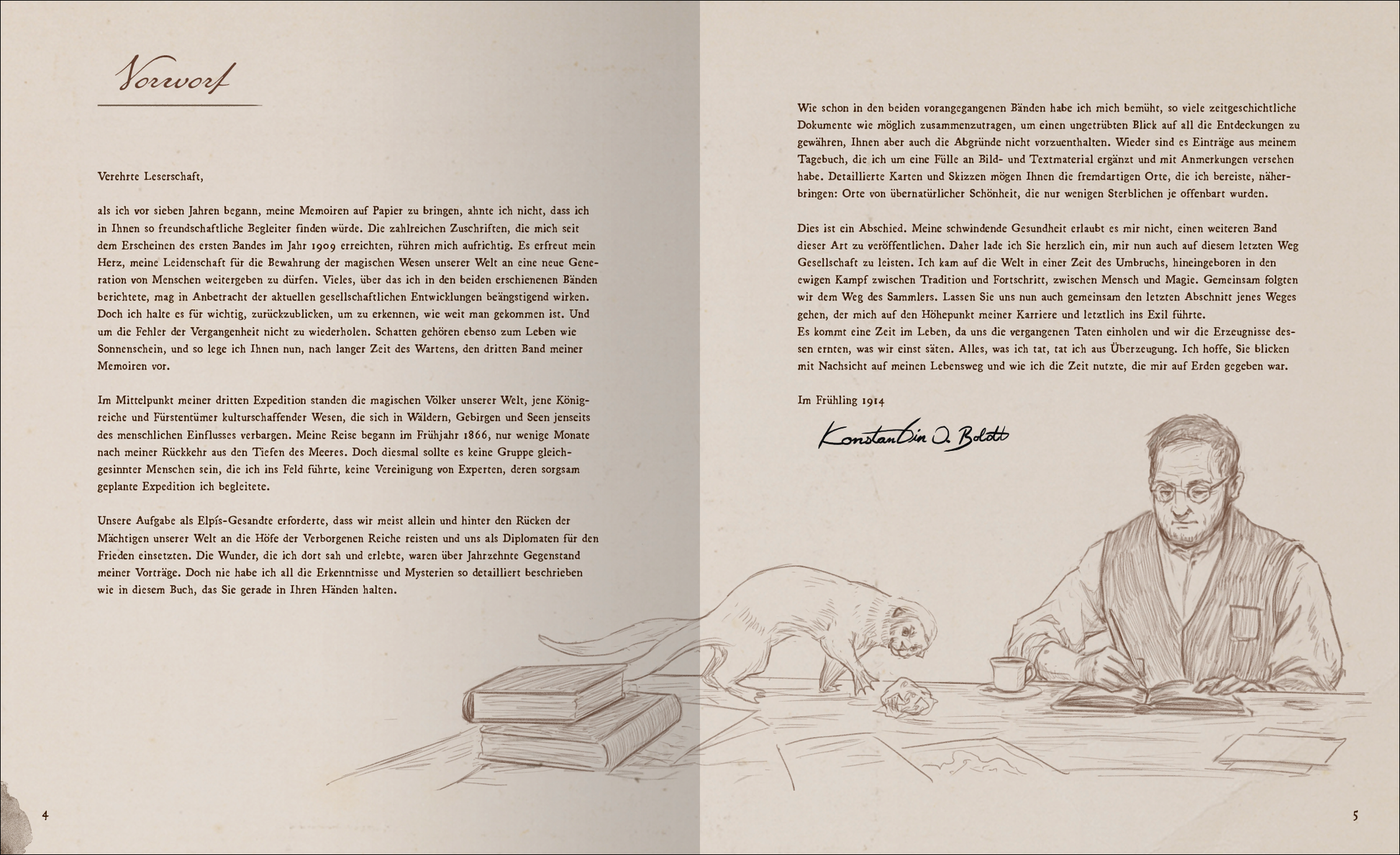 Gezeigt wird eine Innenansicht von „Aufstand der Fabelwesen“. Auf der linken Seite befindet sich ein Vorworttext auf hellem Hintergrund. Rechts sieht man eine Illustrationszeichnung eines Mannes, der am Tisch sitzt und schreibt, unterstützt von einem kleinen Tier, das auf dem Tisch steht. Die Typografie ist gut lesbar und in einem serifierten Schriftstil gehalten, während die Farbpalette warme, erdige Töne umfasst.