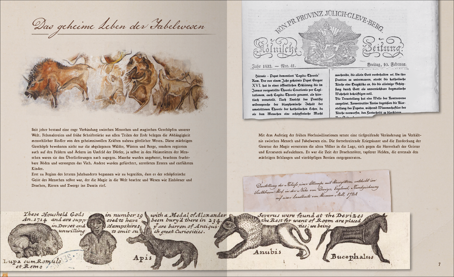 Gezeigt wird eine Innen- oder Zusatzansicht von „Aufstand der Fabelwesen“. Die Seite präsentiert eine Mischung aus handgeschriebenem Text und illustrierten Fabelwesen. Im Hintergrund sind erdige Farben wie Beige und Braun zu sehen, die mit dunklen Konturen der Zeichnungen kontrastieren. Der Titel „Das geheime Leben der Fabelwesen“ hebt sich in geschwungener Typografie hervor. Illustrationen von Tieren, wie einem Stier und fantastischen Kreaturen, sind unterhalb des Textes ansprechend...