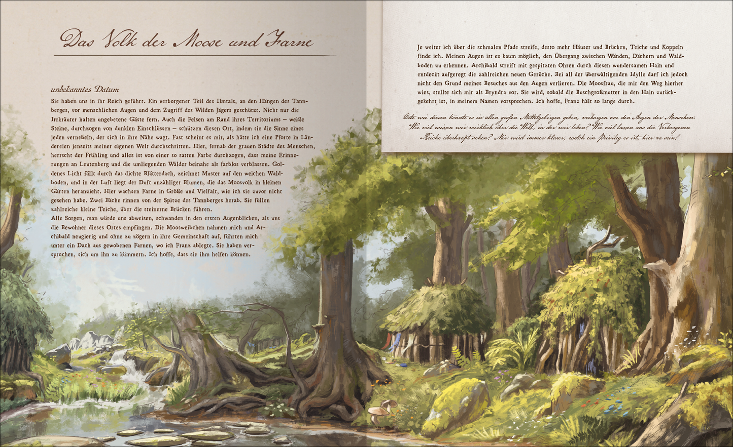 Gezeigt wird eine Innen- oder Zusatzansicht von „Aufstand der Fabelwesen“. Die Illustration zeigt einen üppigen Wald mit großen, knorrigen Bäumen und einem Gewässer im Vordergrund. Die Farben sind überwiegend in sanften Grüntönen gehalten, ergänzt durch Erdtöne und pastellige Akzente. Auf der rechten Seite befinden sich handschriftliche Notizen in einer verschnörkelten Typografie, während der Text auf der linken Seite in einer klaren, gut lesbaren Schrift präsentiert wird. Die...