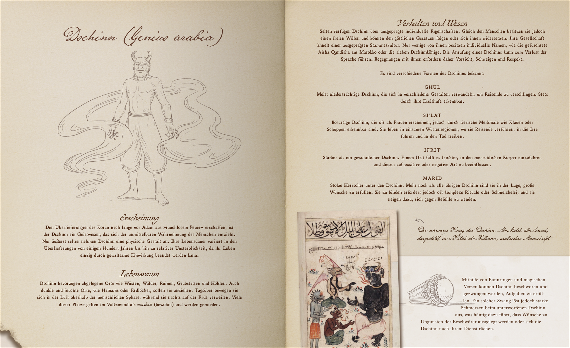 Gezeigt wird eine Innen- oder Zusatzansicht von „Aufstand der Fabelwesen“. Die Darstellung zeigt einen stilisierten Dschinn, umgeben von geschwungenen Linien, die seine magische Energie symbolisieren. Die Farbpalette umfasst Beige- und Brauntöne, die mit tiefblauen Akzenten kontrastieren. Die Typografie ist elegant und gut lesbar, während die Texte informative Beschreibungen zu den Charakteren und ihrer Herkunft enthalten. Illustrationen und Texte sind harmonisch angeordnet, was die...