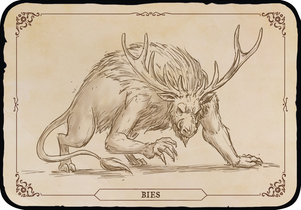 Gezeigt wird eine Innen- oder Zusatzansicht von „Das Archiv der Fabelwesen“. Die Darstellung zeigt ein skizzenhaftes, fabelhaftes Wesen mit einem massiven Körper und beeindruckenden Geweih. Das Bild ist in erdigen Tönen gehalten, mit Schattierungen in Braun und Beige. Der Schriftzug „BIES“ in einer klaren Typografie unterstreicht die fantastischen Eigenschaften des Wesens und fügt sich harmonisch in das Gesamtbild ein. Ornamente an den Ecken sorgen für einen stilvollen Rahmen.